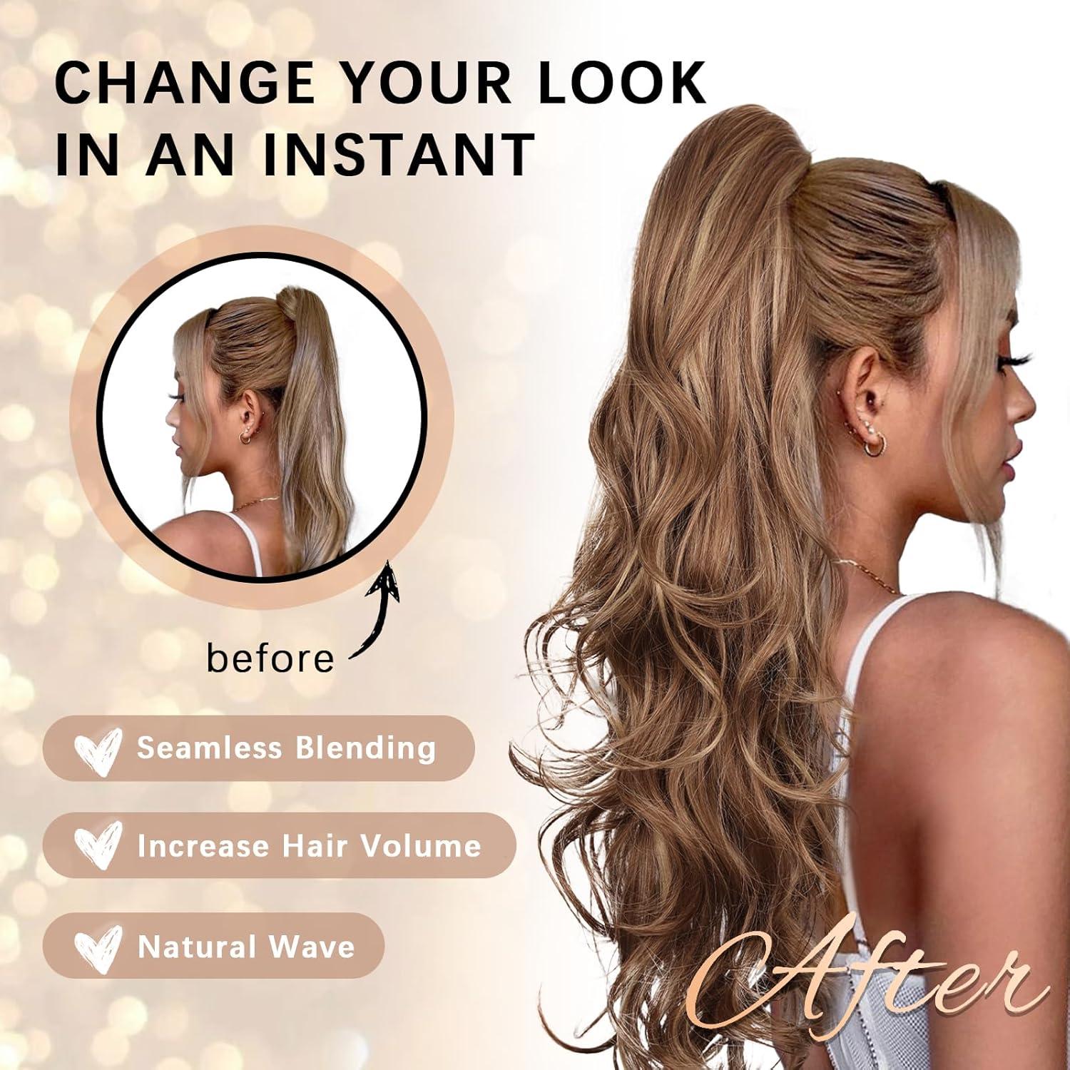 imageClip on Ponytails for Women 26 Inch Long Ponytail Extension Wavy Pony Tails Hair Extensions Synthetic Hair Extensions Ponytail Clip in Ponytail Color Chestnut Brown With Golden HighlightsLight Brown With Blonde Highlights
