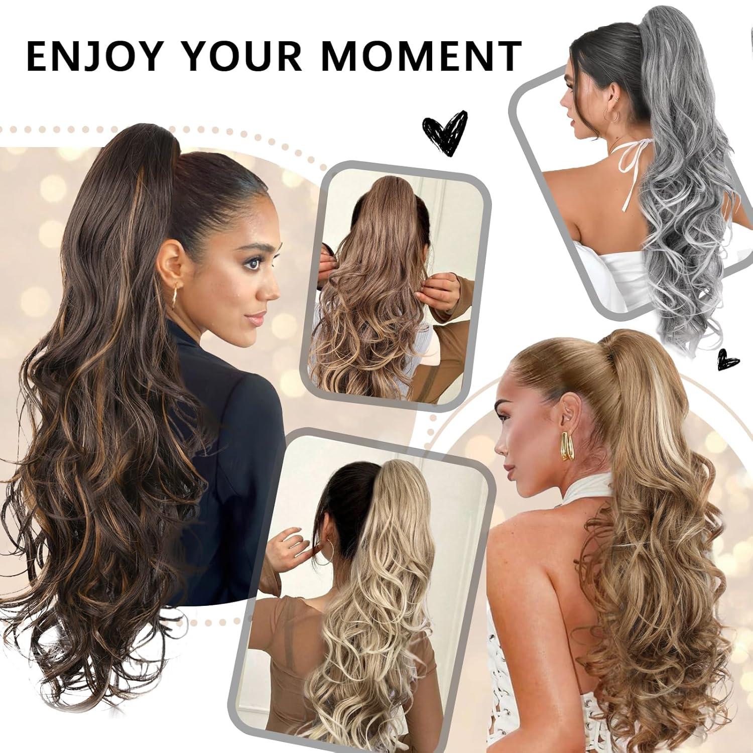 imageClip on Ponytails for Women 26 Inch Long Ponytail Extension Wavy Pony Tails Hair Extensions Synthetic Hair Extensions Ponytail Clip in Ponytail Color Chestnut Brown With Golden HighlightsLight Brown with Blonde Ends