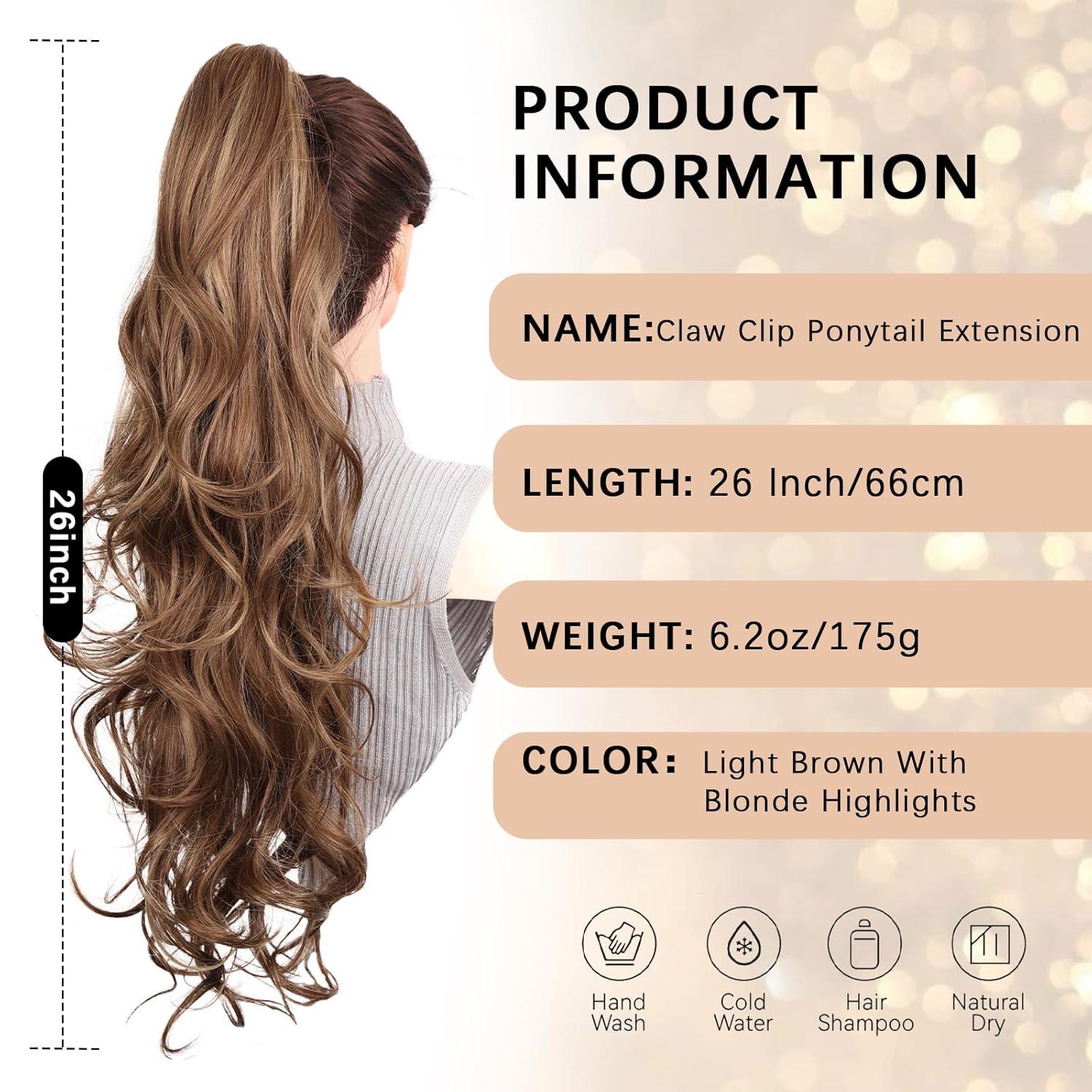imageClip on Ponytails for Women 26 Inch Long Ponytail Extension Wavy Pony Tails Hair Extensions Synthetic Hair Extensions Ponytail Clip in Ponytail Color Chestnut Brown With Golden HighlightsLight Brown With Blonde Highlights