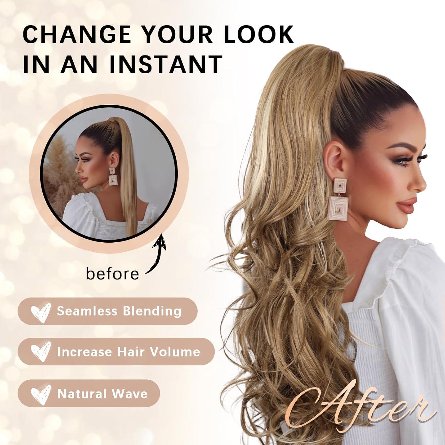 imageClip on Ponytails for Women 26 Inch Long Ponytail Extension Wavy Pony Tails Hair Extensions Synthetic Hair Extensions Ponytail Clip in Ponytail Color Chestnut Brown With Golden HighlightsLight Brown With Beige Highlights