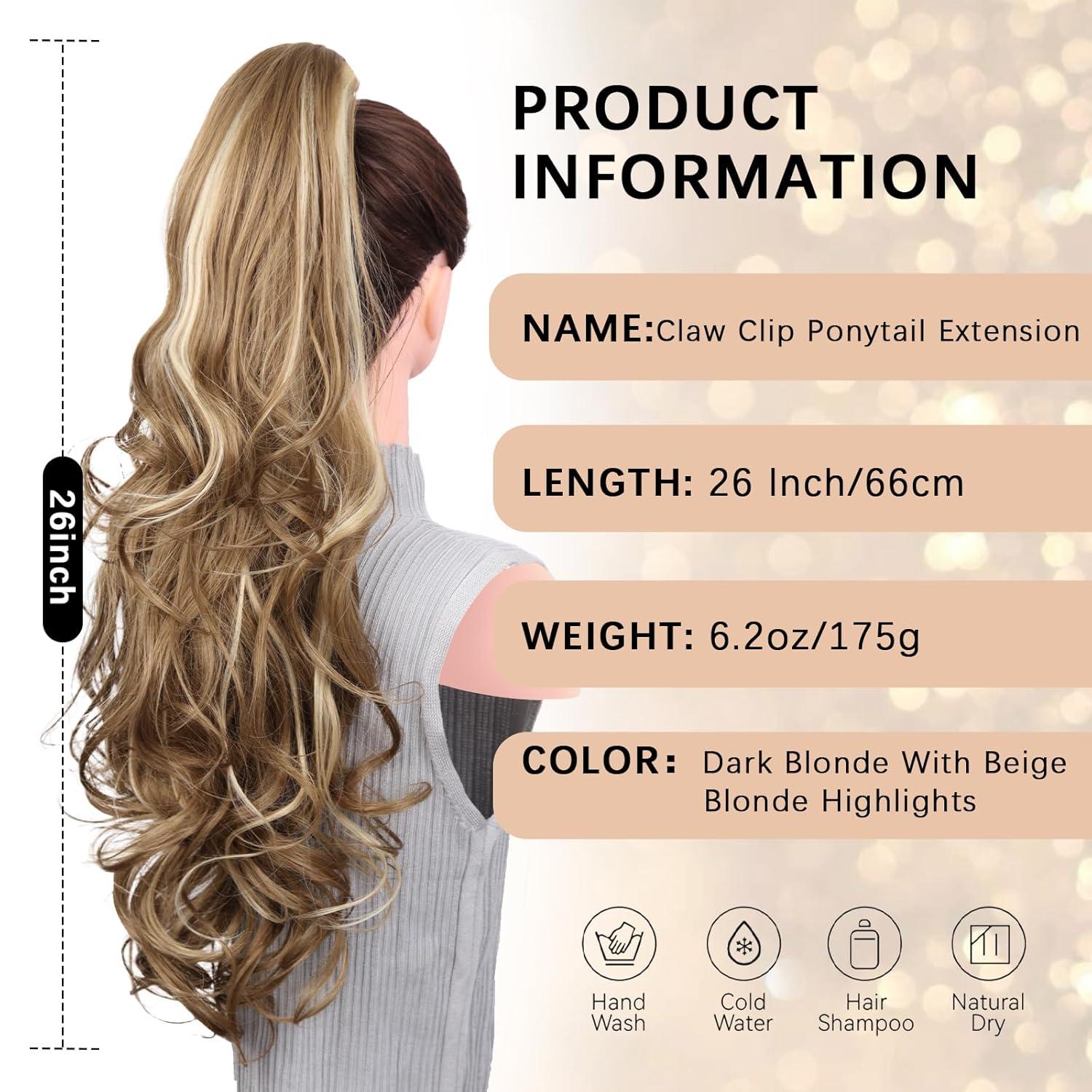 imageClip on Ponytails for Women 26 Inch Long Ponytail Extension Wavy Pony Tails Hair Extensions Synthetic Hair Extensions Ponytail Clip in Ponytail Color Chestnut Brown With Golden HighlightsLight Brown With Beige Highlights