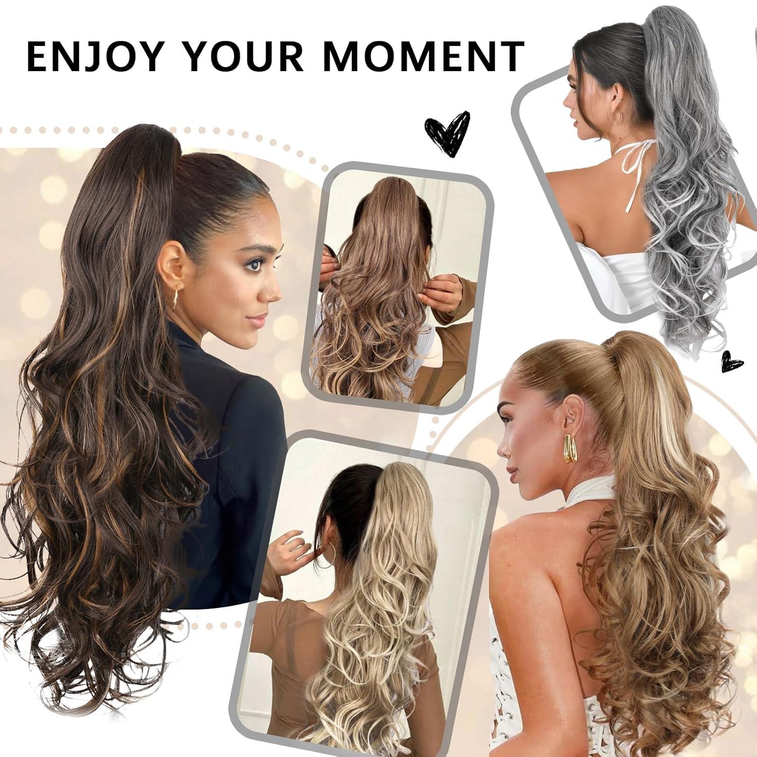 imageClip on Ponytails for Women 26 Inch Long Ponytail Extension Wavy Pony Tails Hair Extensions Synthetic Hair Extensions Ponytail Clip in Ponytail Color Chestnut Brown With Golden HighlightsMedium Blonde With Bleach Blonde Ends