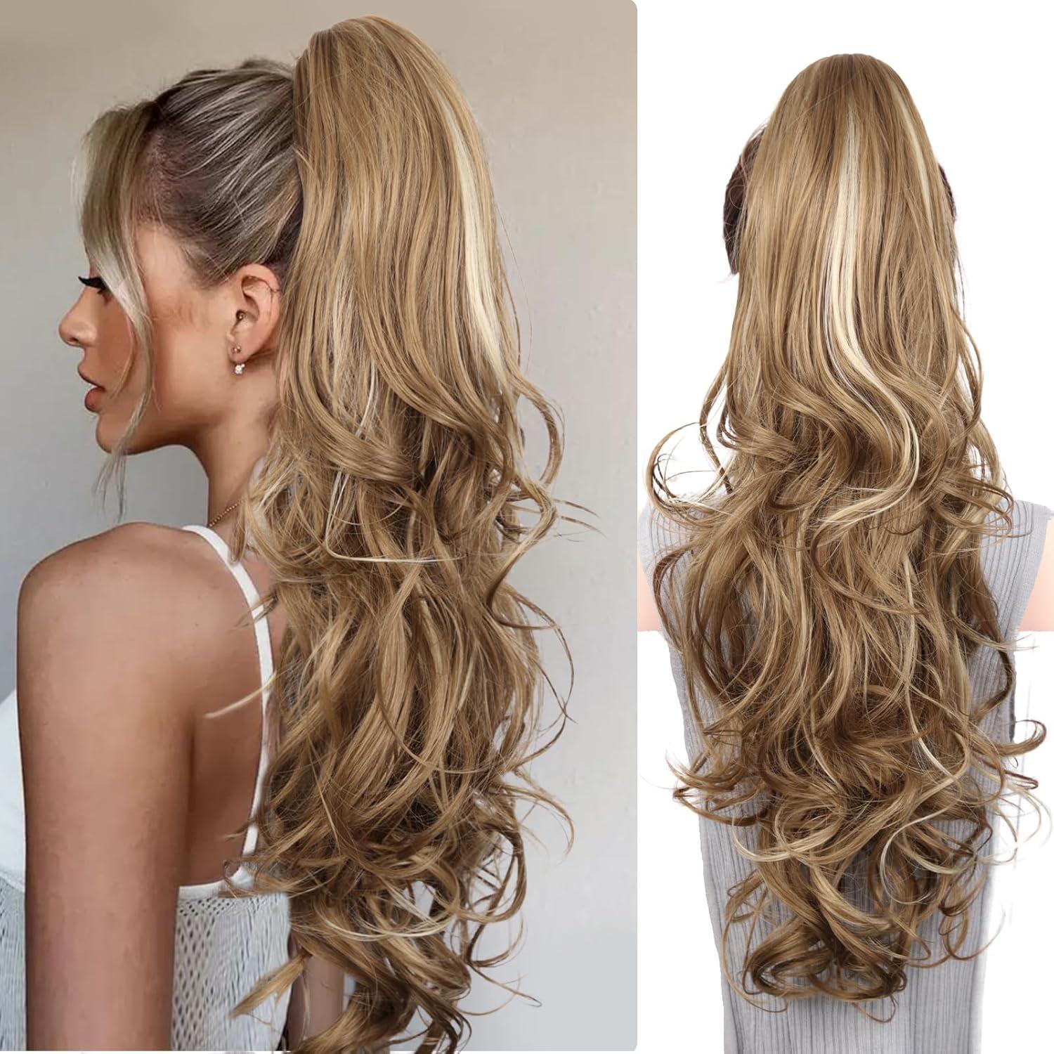 imageClip on Ponytails for Women 26 Inch Long Ponytail Extension Wavy Pony Tails Hair Extensions Synthetic Hair Extensions Ponytail Clip in Ponytail Color Chestnut Brown With Golden HighlightsLight Brown With Beige Highlights
