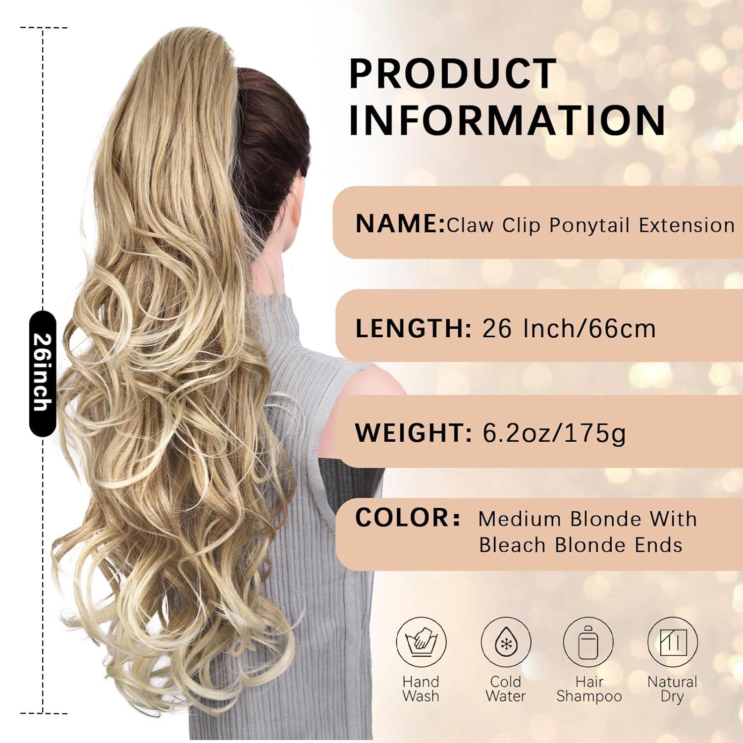imageClip on Ponytails for Women 26 Inch Long Ponytail Extension Wavy Pony Tails Hair Extensions Synthetic Hair Extensions Ponytail Clip in Ponytail Color Chestnut Brown With Golden HighlightsMedium Blonde With Bleach Blonde Ends