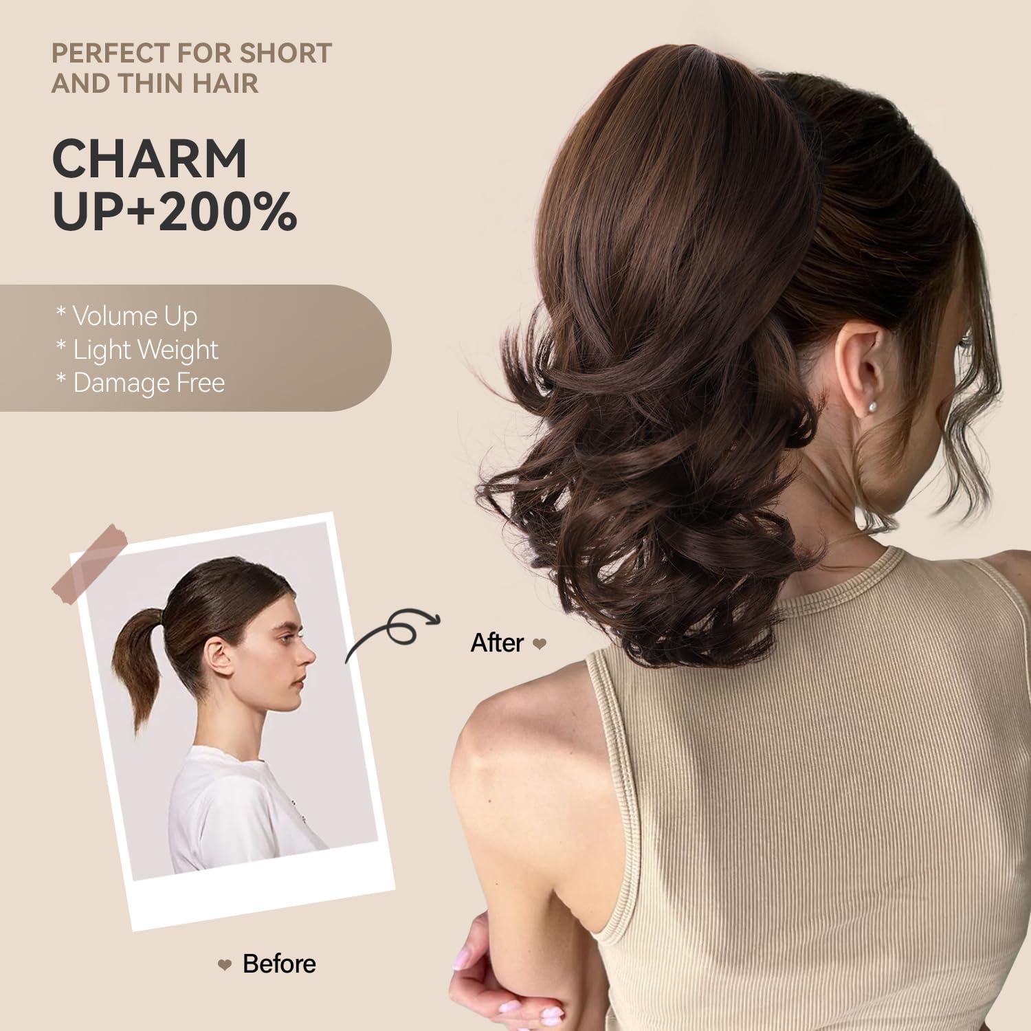 imageClip on Ponytails for Women 26 Inch Long Ponytail Extension Wavy Pony Tails Hair Extensions Synthetic Hair Extensions Ponytail Clip in Ponytail Color Chestnut Brown With Golden HighlightsLight Blonde