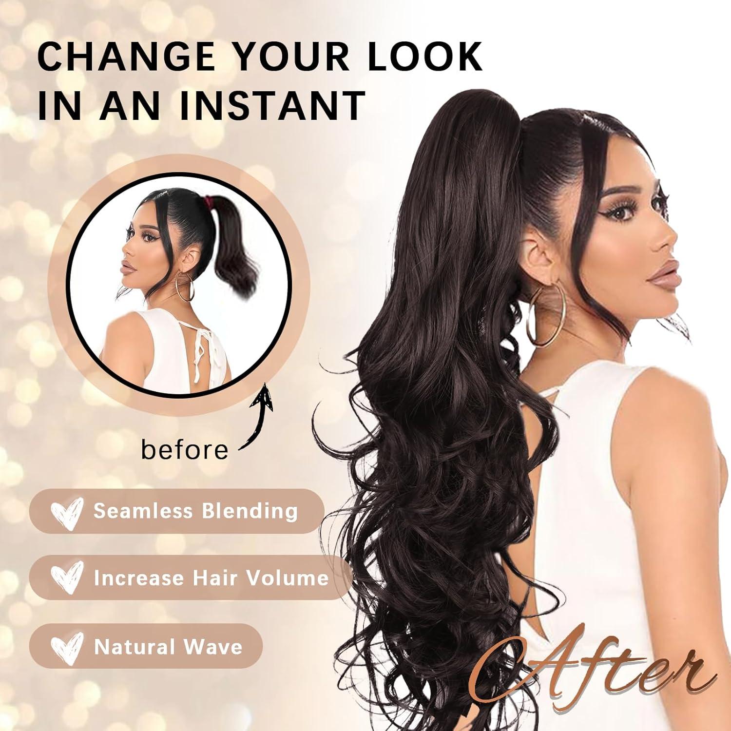 imageClip on Ponytails for Women 26 Inch Long Ponytail Extension Wavy Pony Tails Hair Extensions Synthetic Hair Extensions Ponytail Clip in Ponytail Color Chestnut Brown With Golden HighlightsBrown
