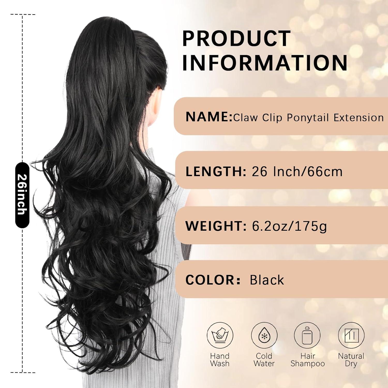 imageClip on Ponytails for Women 26 Inch Long Ponytail Extension Wavy Pony Tails Hair Extensions Synthetic Hair Extensions Ponytail Clip in Ponytail Color Chestnut Brown With Golden HighlightsBlack