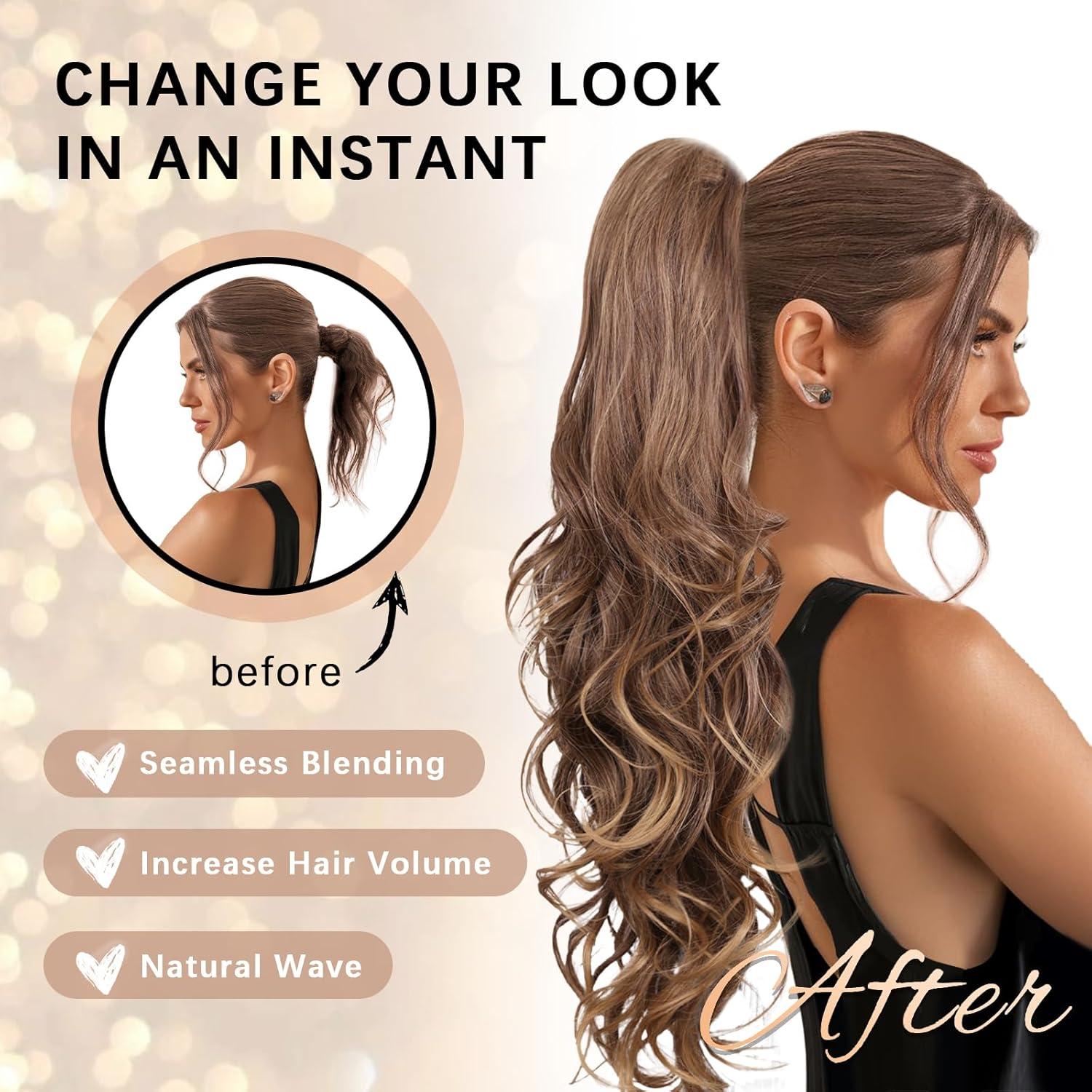 imageClip on Ponytails for Women 26 Inch Long Ponytail Extension Wavy Pony Tails Hair Extensions Synthetic Hair Extensions Ponytail Clip in Ponytail Color Chestnut Brown With Golden HighlightsLight Brown with Blonde Ends