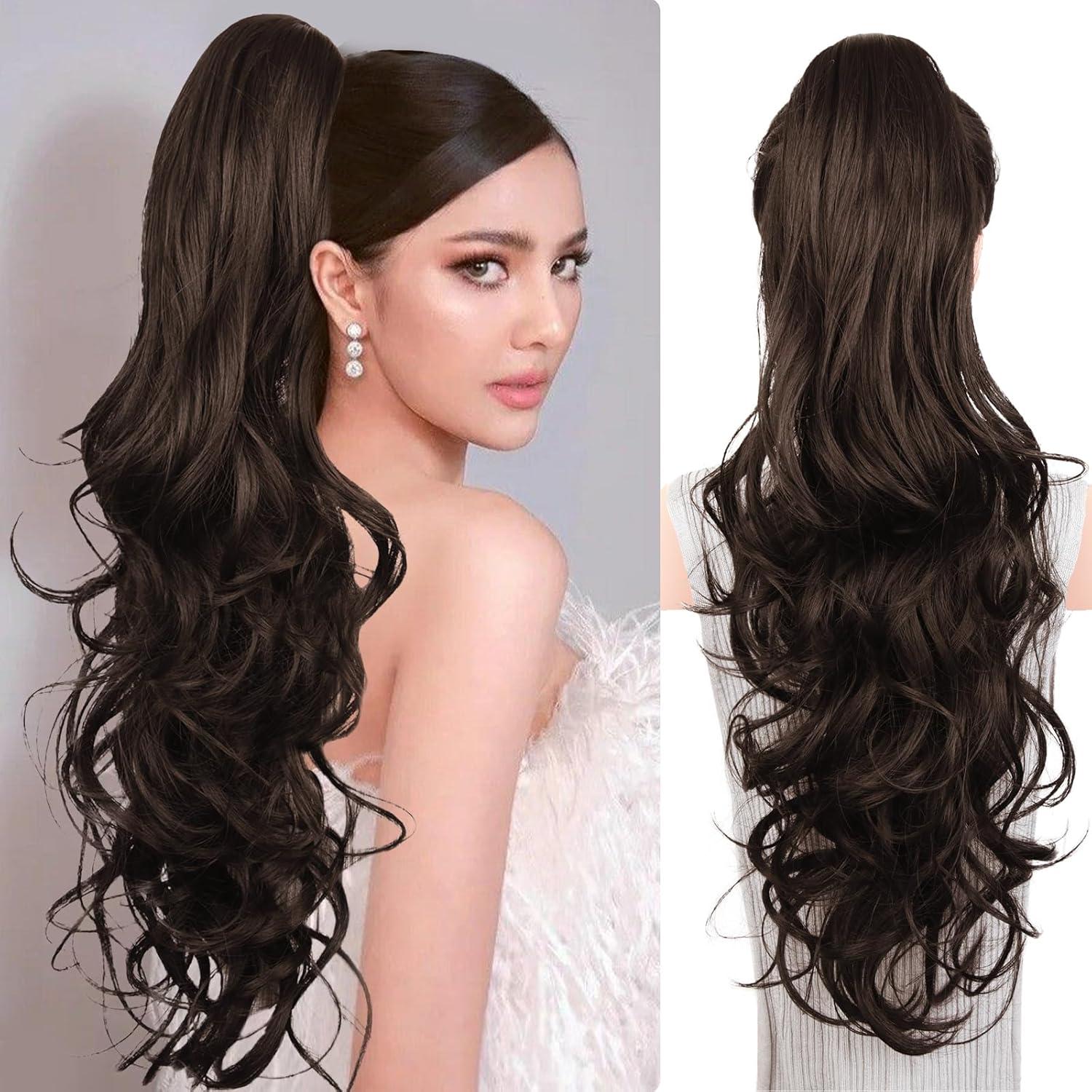 imageClip on Ponytails for Women 26 Inch Long Ponytail Extension Wavy Pony Tails Hair Extensions Synthetic Hair Extensions Ponytail Clip in Ponytail Color Chestnut Brown With Golden HighlightsChocolate Brown