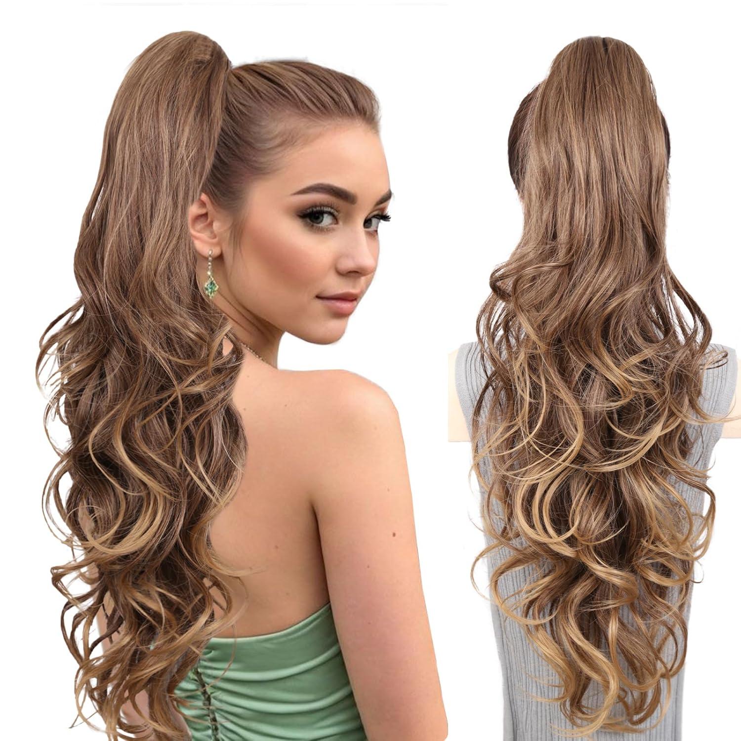 imageClip on Ponytails for Women 26 Inch Long Ponytail Extension Wavy Pony Tails Hair Extensions Synthetic Hair Extensions Ponytail Clip in Ponytail Color Chestnut Brown With Golden HighlightsLight Brown with Blonde Ends