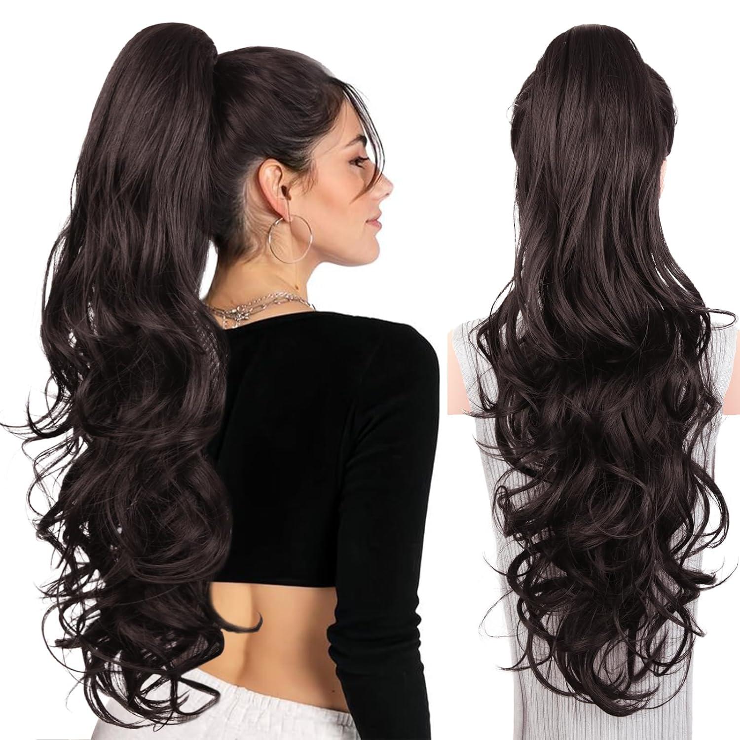 imageClip on Ponytails for Women 26 Inch Long Ponytail Extension Wavy Pony Tails Hair Extensions Synthetic Hair Extensions Ponytail Clip in Ponytail Color Chestnut Brown With Golden HighlightsBrown