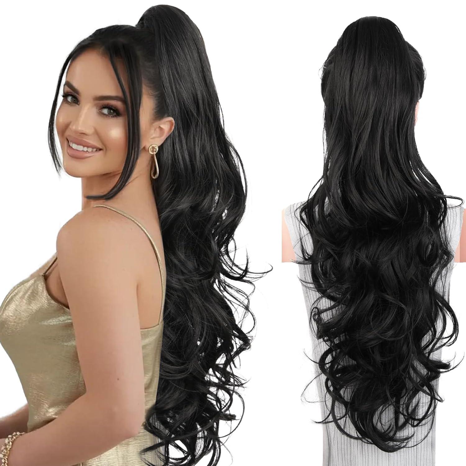 imageClip on Ponytails for Women 26 Inch Long Ponytail Extension Wavy Pony Tails Hair Extensions Synthetic Hair Extensions Ponytail Clip in Ponytail Color Chestnut Brown With Golden HighlightsBlack
