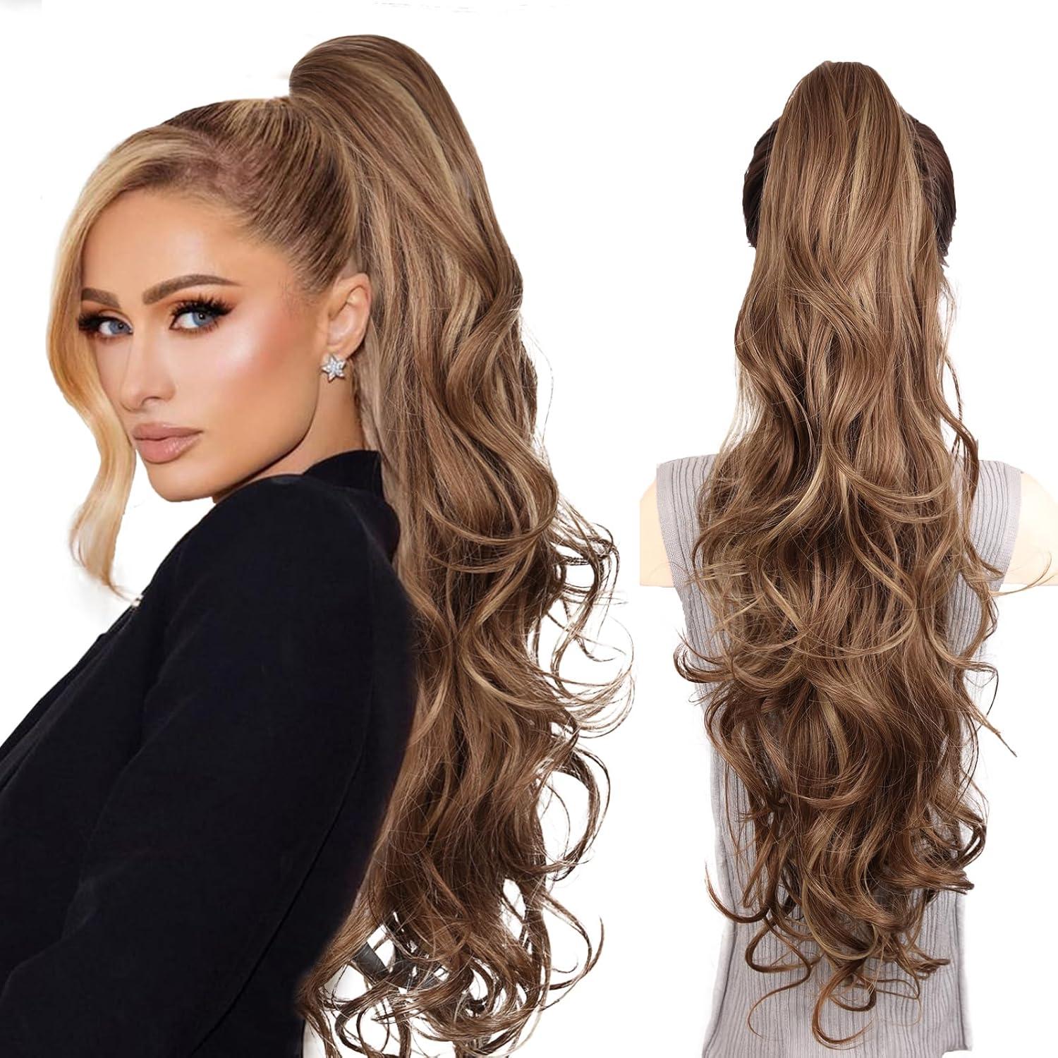 imageClip on Ponytails for Women 26 Inch Long Ponytail Extension Wavy Pony Tails Hair Extensions Synthetic Hair Extensions Ponytail Clip in Ponytail Color Chestnut Brown With Golden HighlightsLight Brown With Blonde Highlights