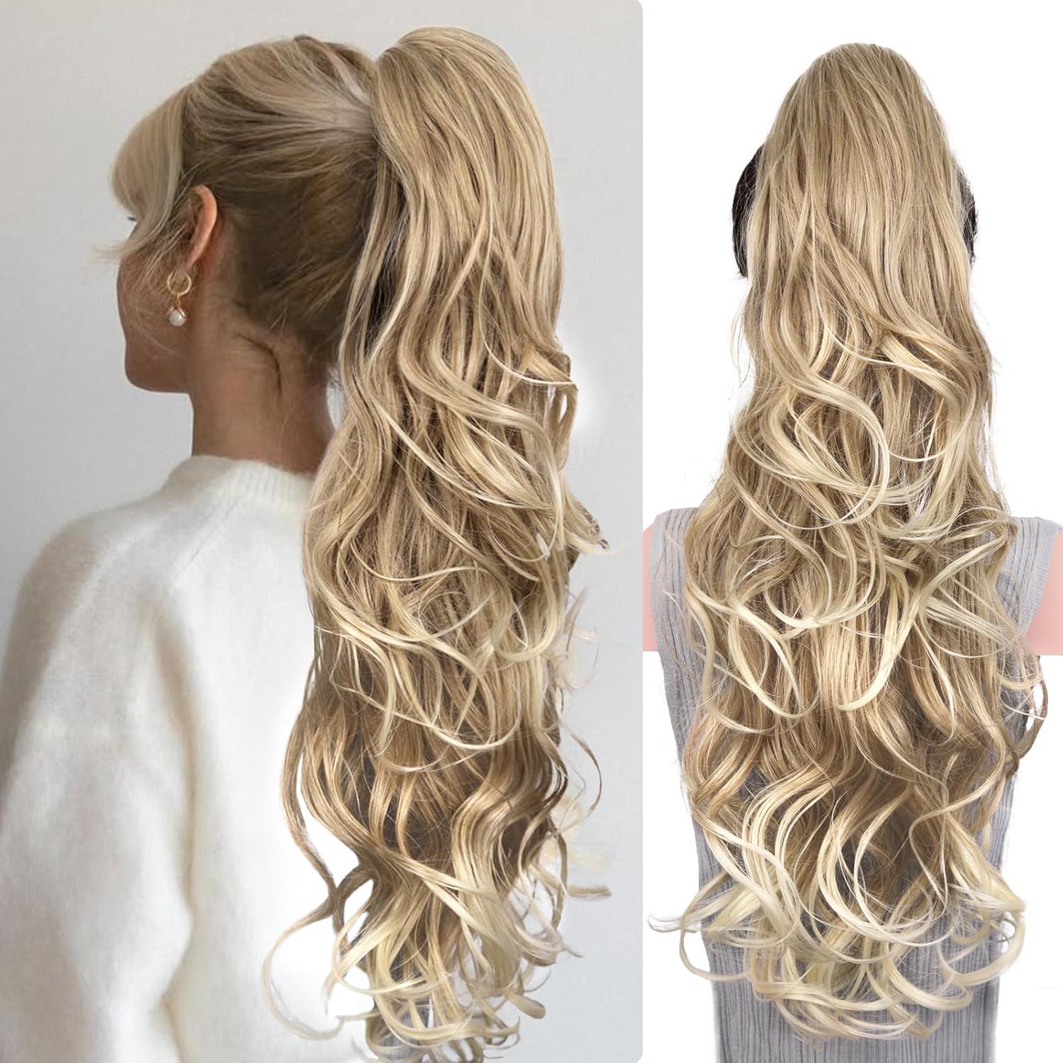 imageClip on Ponytails for Women 26 Inch Long Ponytail Extension Wavy Pony Tails Hair Extensions Synthetic Hair Extensions Ponytail Clip in Ponytail Color Chestnut Brown With Golden HighlightsMedium Blonde With Bleach Blonde Ends