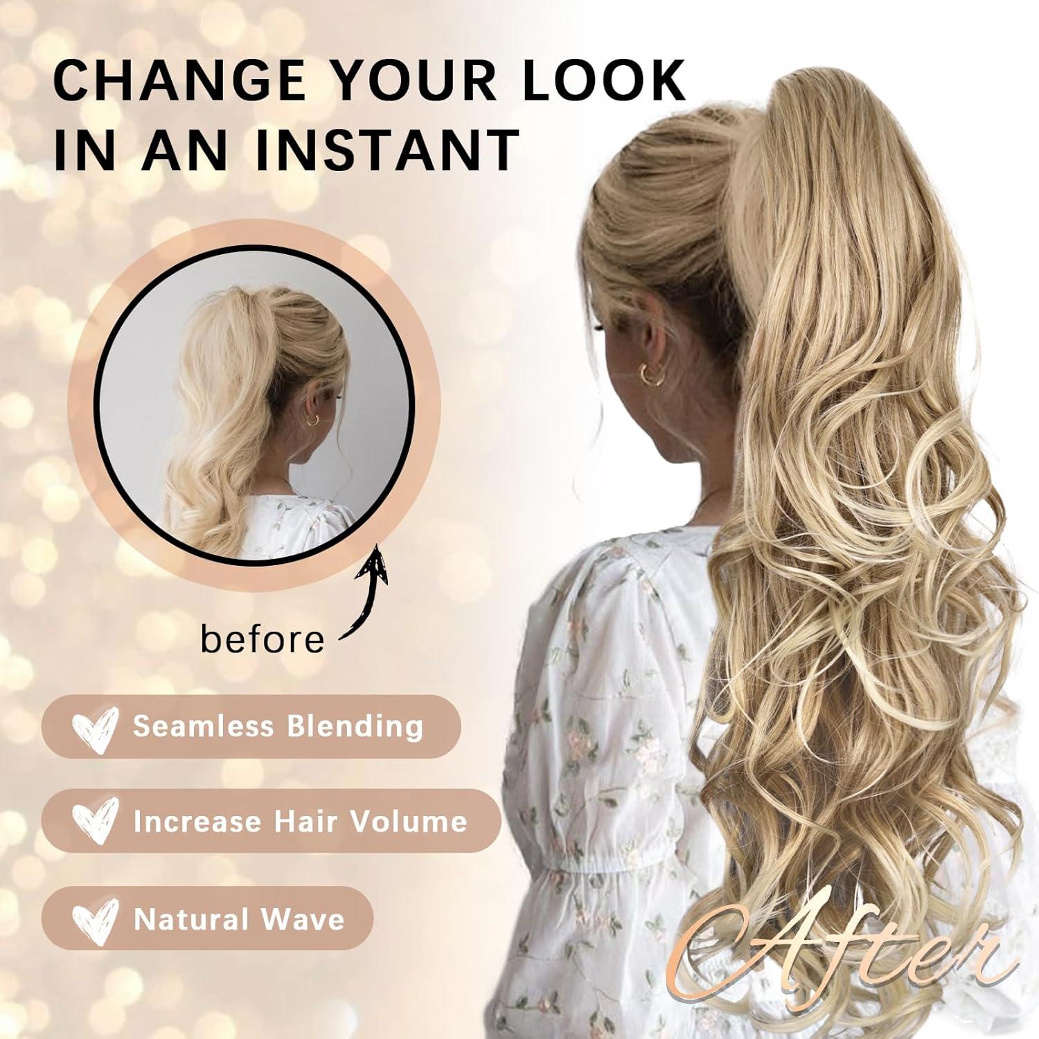 imageClip on Ponytails for Women 26 Inch Long Ponytail Extension Wavy Pony Tails Hair Extensions Synthetic Hair Extensions Ponytail Clip in Ponytail Color Chestnut Brown With Golden HighlightsMedium Blonde With Bleach Blonde Ends