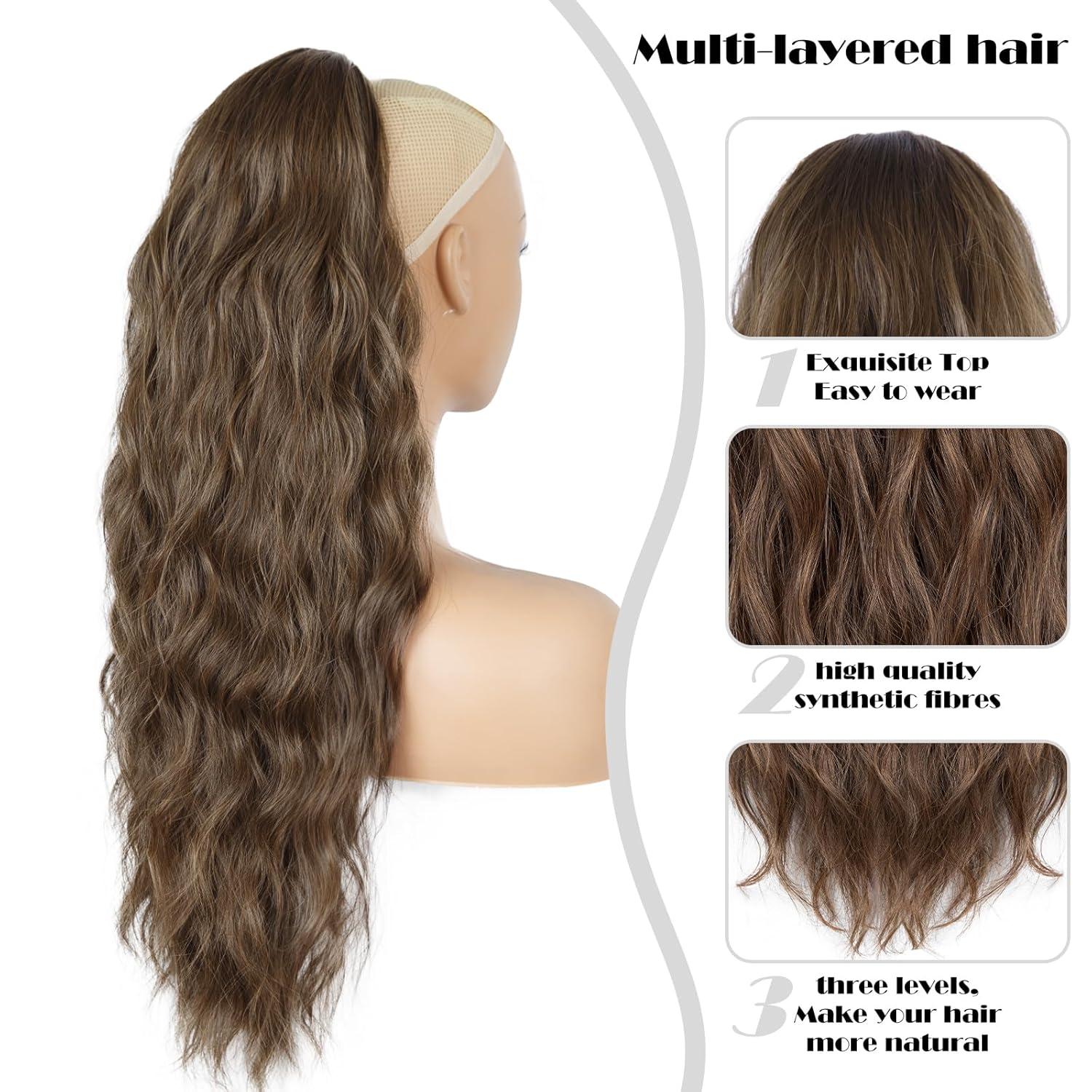 imagePonytail Extension for Women 26 inch Drawstring Ponytail Extension Wavy Pony Tails Hair Extensions Synthetic Hair Extensions Ponytail for Daily Use Deep Almond Brown with Wheat Germ BlondeOrange Brown