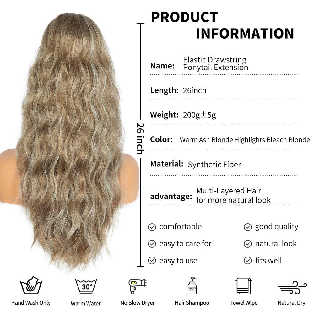 imagePonytail Extension for Women 26 inch Drawstring Ponytail Extension Wavy Pony Tails Hair Extensions Synthetic Hair Extensions Ponytail for Daily Use Deep Almond Brown with Wheat Germ BlondeLight Ash Brown Mixed White