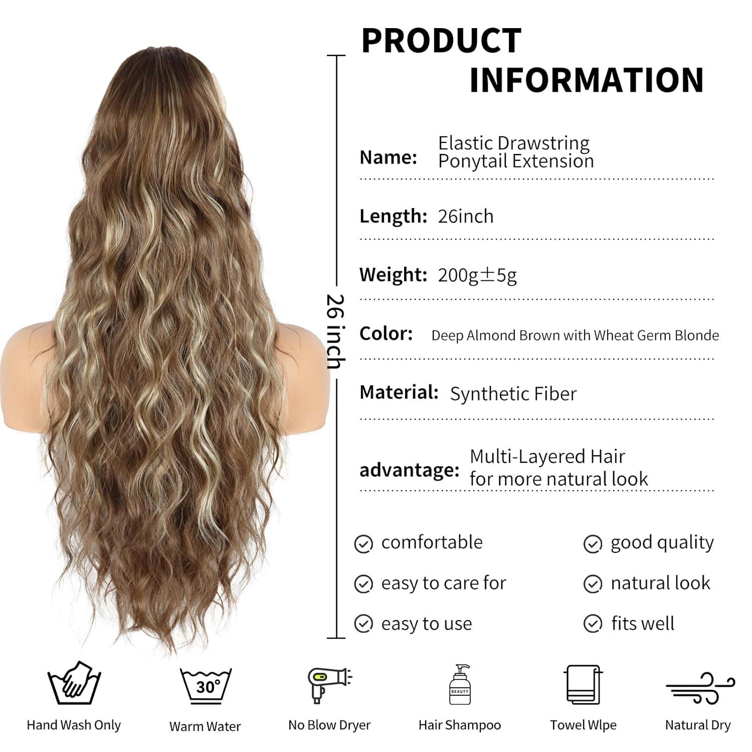 imagePonytail Extension for Women 26 inch Drawstring Ponytail Extension Wavy Pony Tails Hair Extensions Synthetic Hair Extensions Ponytail for Daily Use Deep Almond Brown with Wheat Germ BlondeDeep Almond Brown with Wheat Germ Blonde