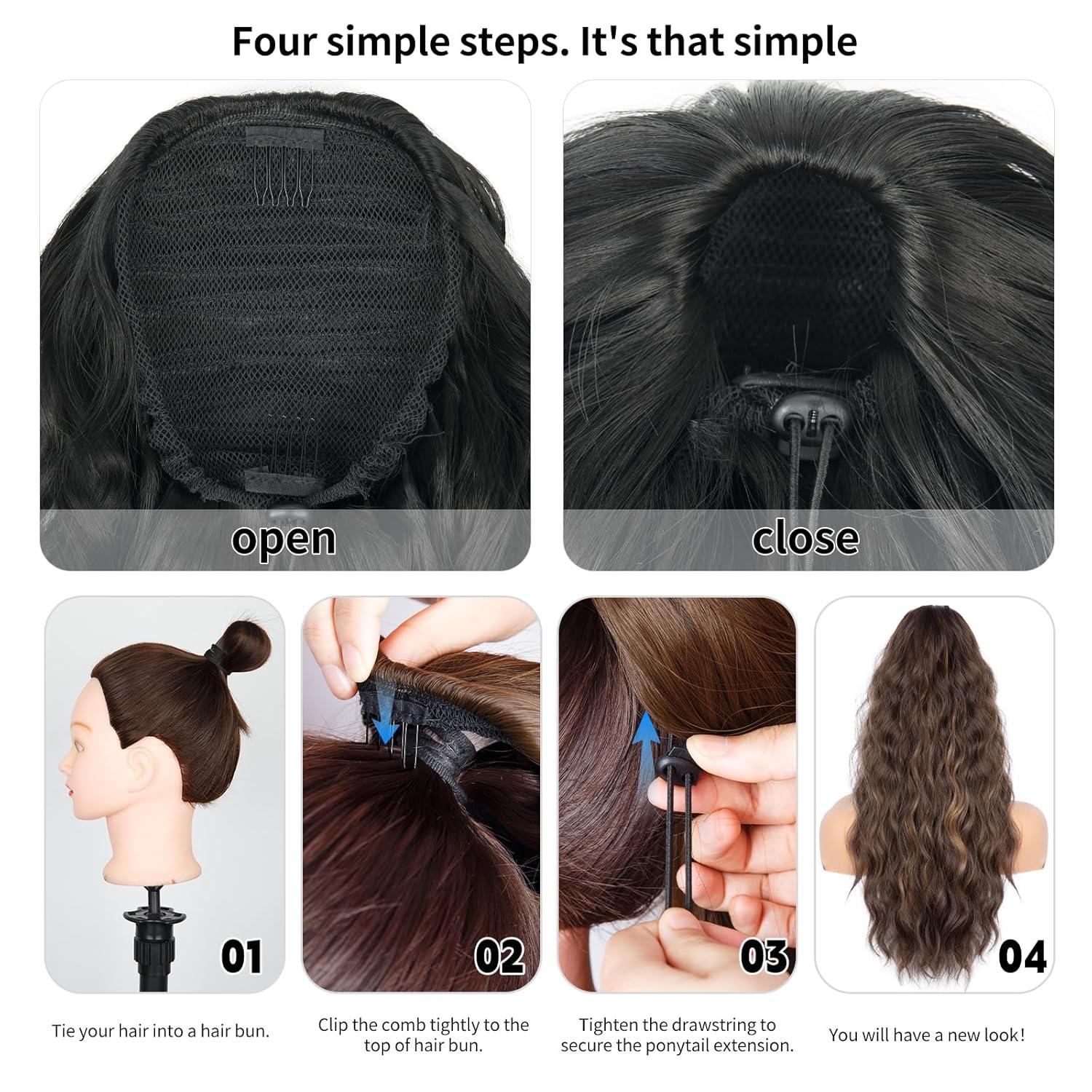 imagePonytail Extension for Women 26 inch Drawstring Ponytail Extension Wavy Pony Tails Hair Extensions Synthetic Hair Extensions Ponytail for Daily Use Deep Almond Brown with Wheat Germ BlondeDark Brown With a Slight Auburn Luster