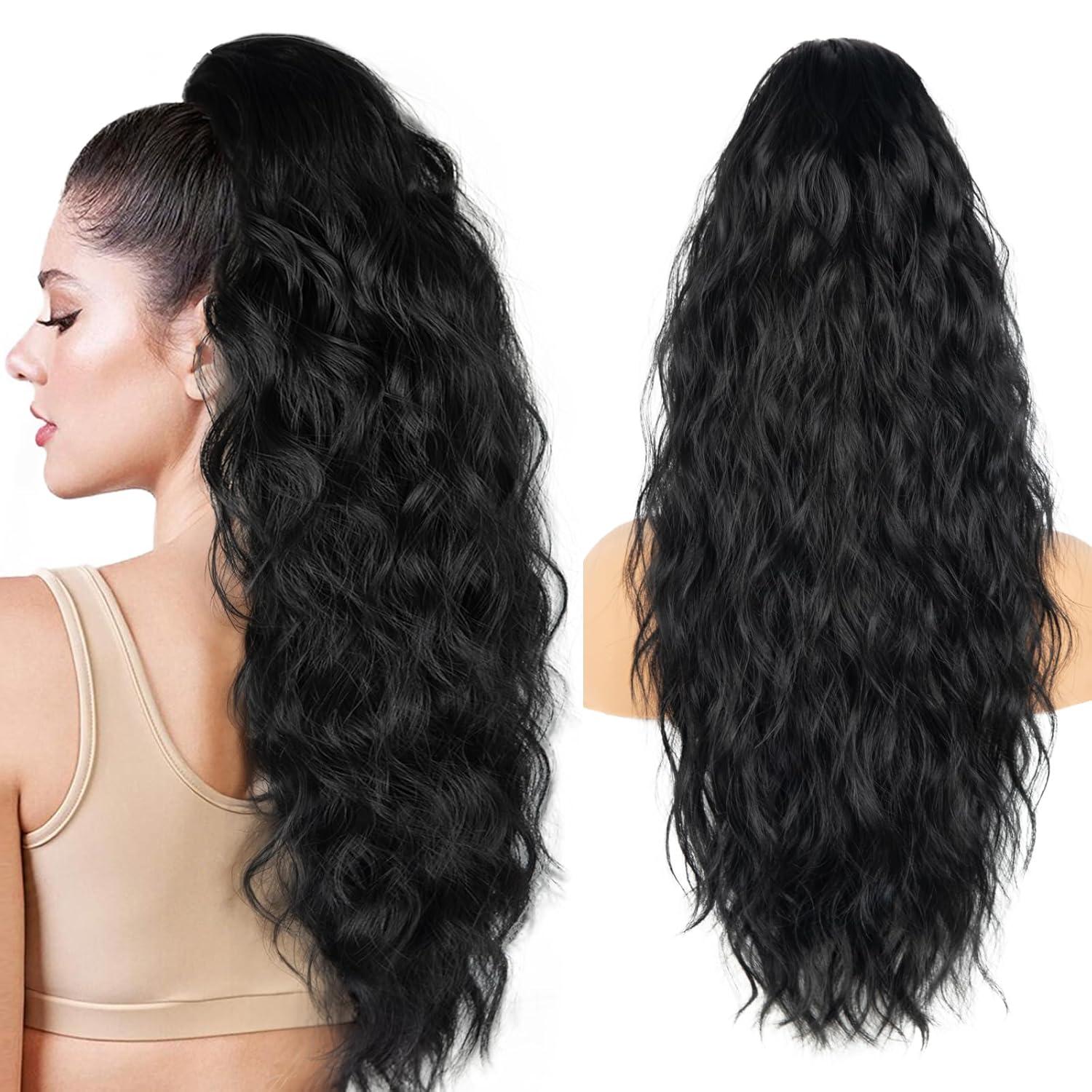 imagePonytail Extension for Women 26 inch Drawstring Ponytail Extension Wavy Pony Tails Hair Extensions Synthetic Hair Extensions Ponytail for Daily Use Deep Almond Brown with Wheat Germ BlondeBlack