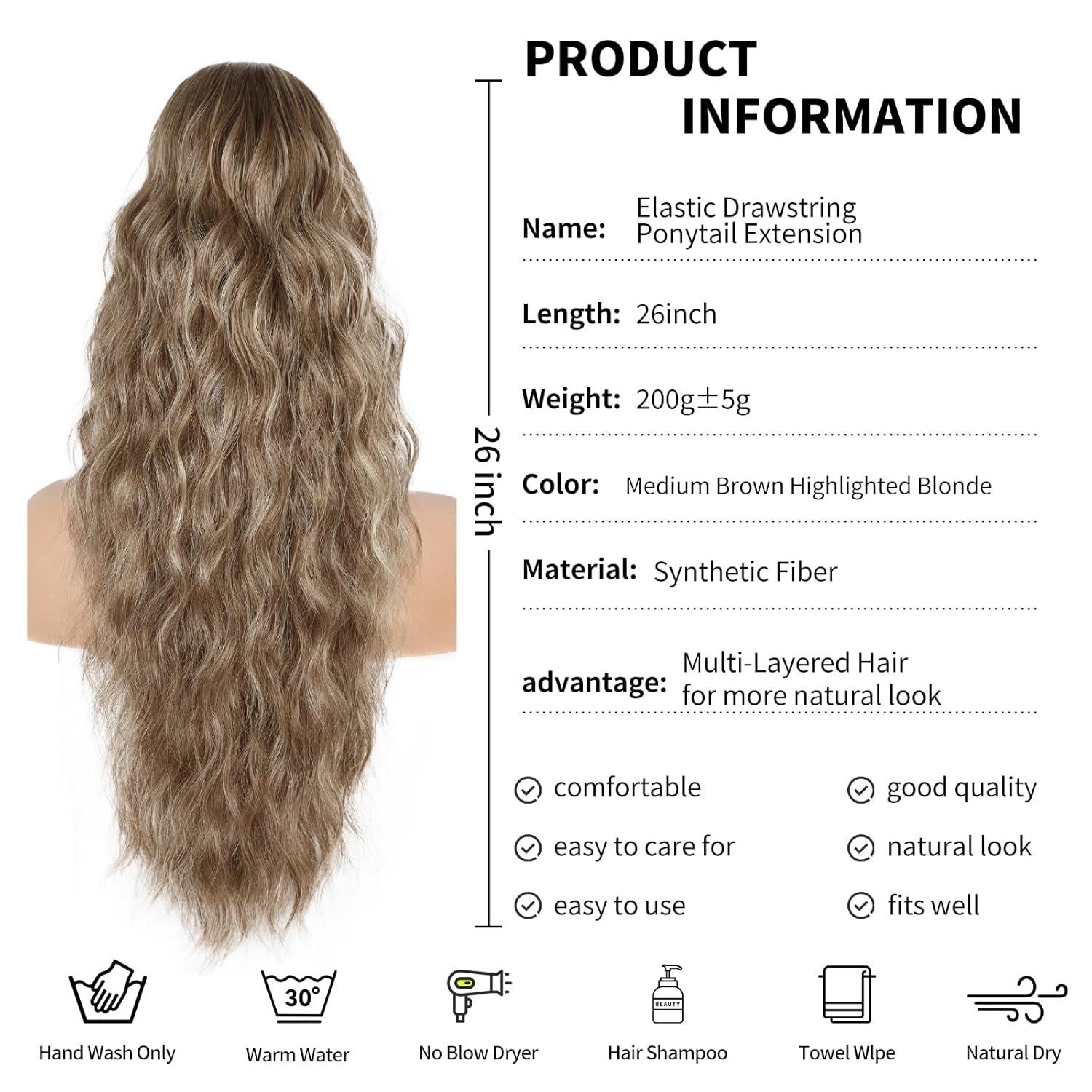 imagePonytail Extension for Women 26 inch Drawstring Ponytail Extension Wavy Pony Tails Hair Extensions Synthetic Hair Extensions Ponytail for Daily Use Deep Almond Brown with Wheat Germ BlondeAsh Brown Mixed Beige Blonde