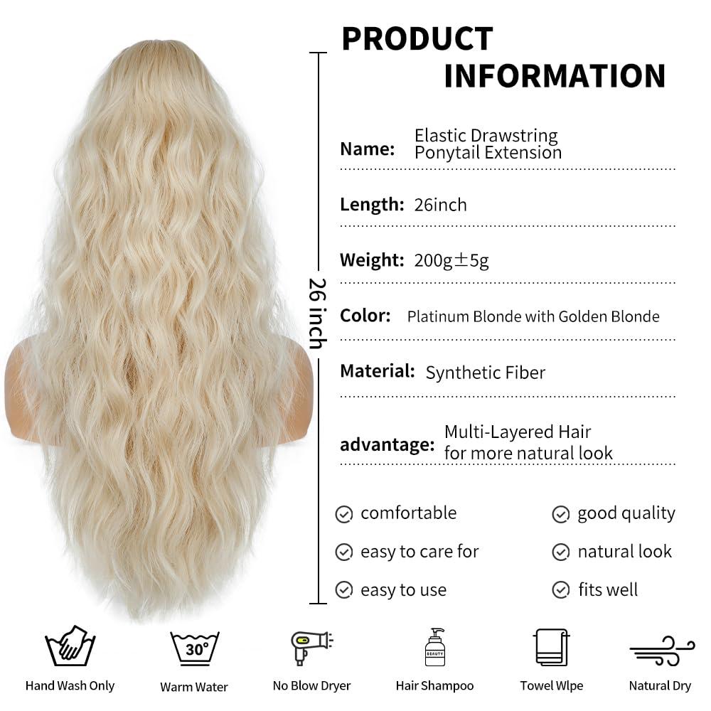 imagePonytail Extension for Women 26 inch Drawstring Ponytail Extension Wavy Pony Tails Hair Extensions Synthetic Hair Extensions Ponytail for Daily Use Deep Almond Brown with Wheat Germ BlondeBeige