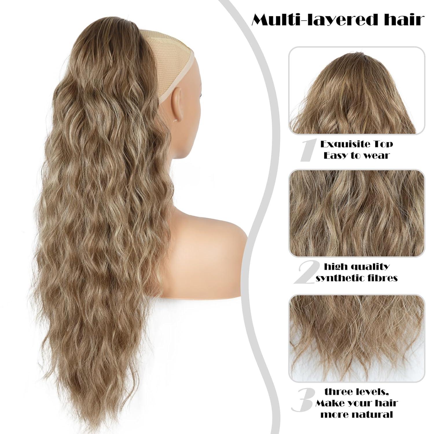 imagePonytail Extension for Women 26 inch Drawstring Ponytail Extension Wavy Pony Tails Hair Extensions Synthetic Hair Extensions Ponytail for Daily Use Deep Almond Brown with Wheat Germ BlondeAsh Brown Mixed Beige Blonde