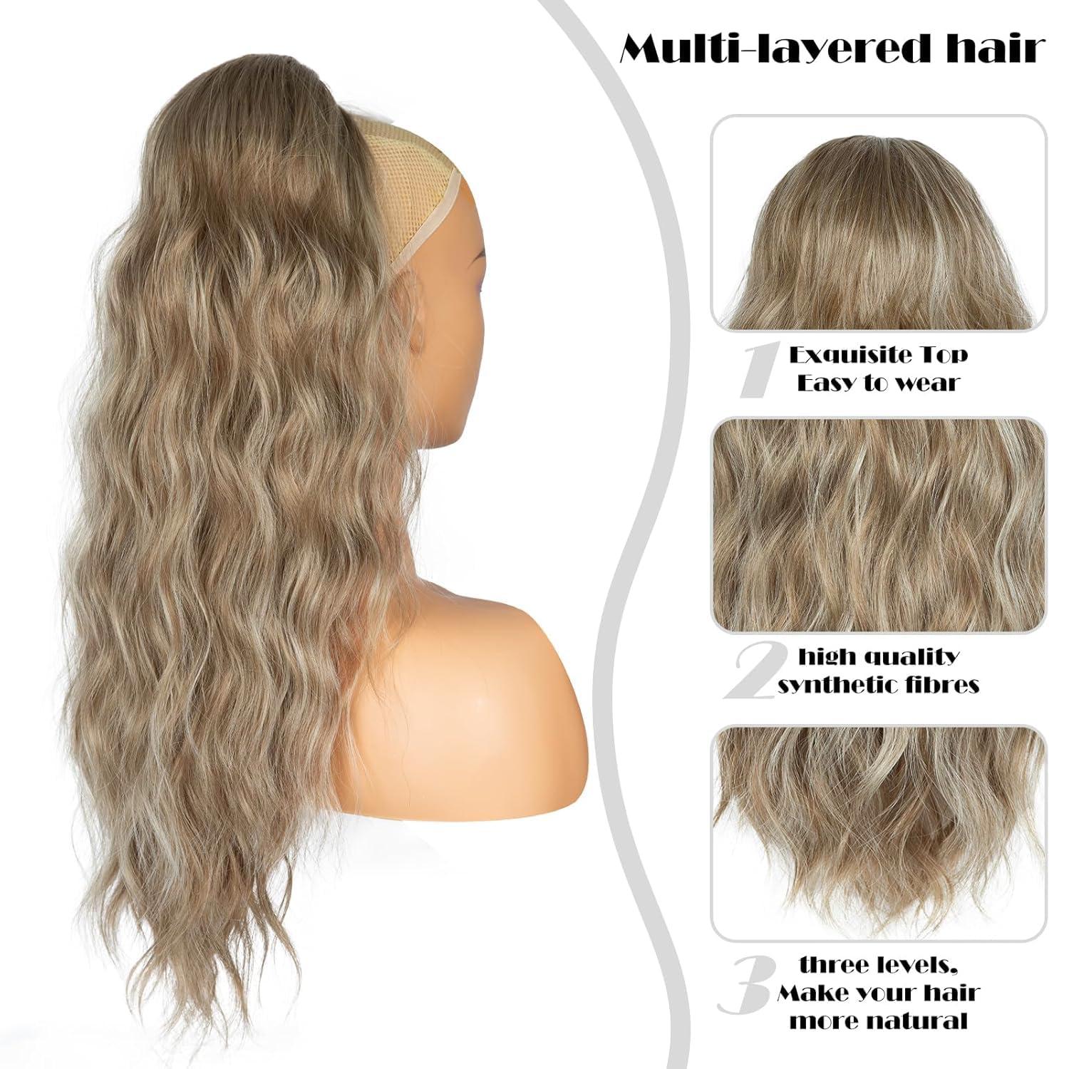 imagePonytail Extension for Women 26 inch Drawstring Ponytail Extension Wavy Pony Tails Hair Extensions Synthetic Hair Extensions Ponytail for Daily Use Deep Almond Brown with Wheat Germ BlondeLight Ash Brown Mixed White