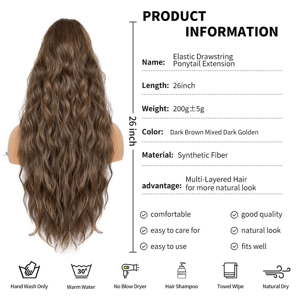 imagePonytail Extension for Women 26 inch Drawstring Ponytail Extension Wavy Pony Tails Hair Extensions Synthetic Hair Extensions Ponytail for Daily Use Deep Almond Brown with Wheat Germ BlondeOrange Brown