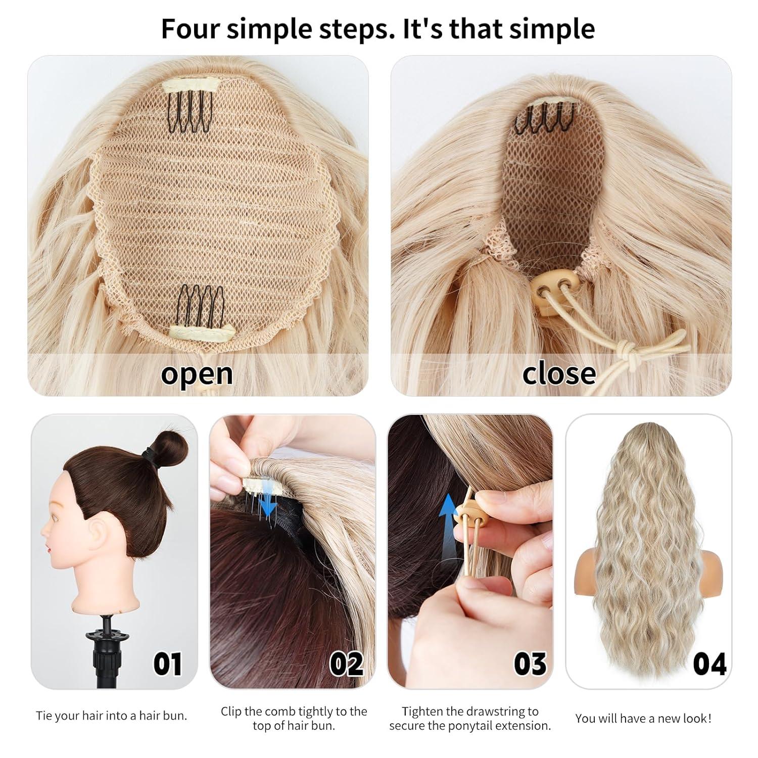 imagePonytail Extension for Women 26 inch Drawstring Ponytail Extension Wavy Pony Tails Hair Extensions Synthetic Hair Extensions Ponytail for Daily Use Deep Almond Brown with Wheat Germ BlondeAsh Blonde with White Highlights