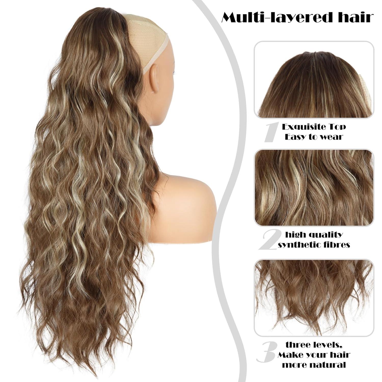 imagePonytail Extension for Women 26 inch Drawstring Ponytail Extension Wavy Pony Tails Hair Extensions Synthetic Hair Extensions Ponytail for Daily Use Deep Almond Brown with Wheat Germ BlondeDeep Almond Brown with Wheat Germ Blonde