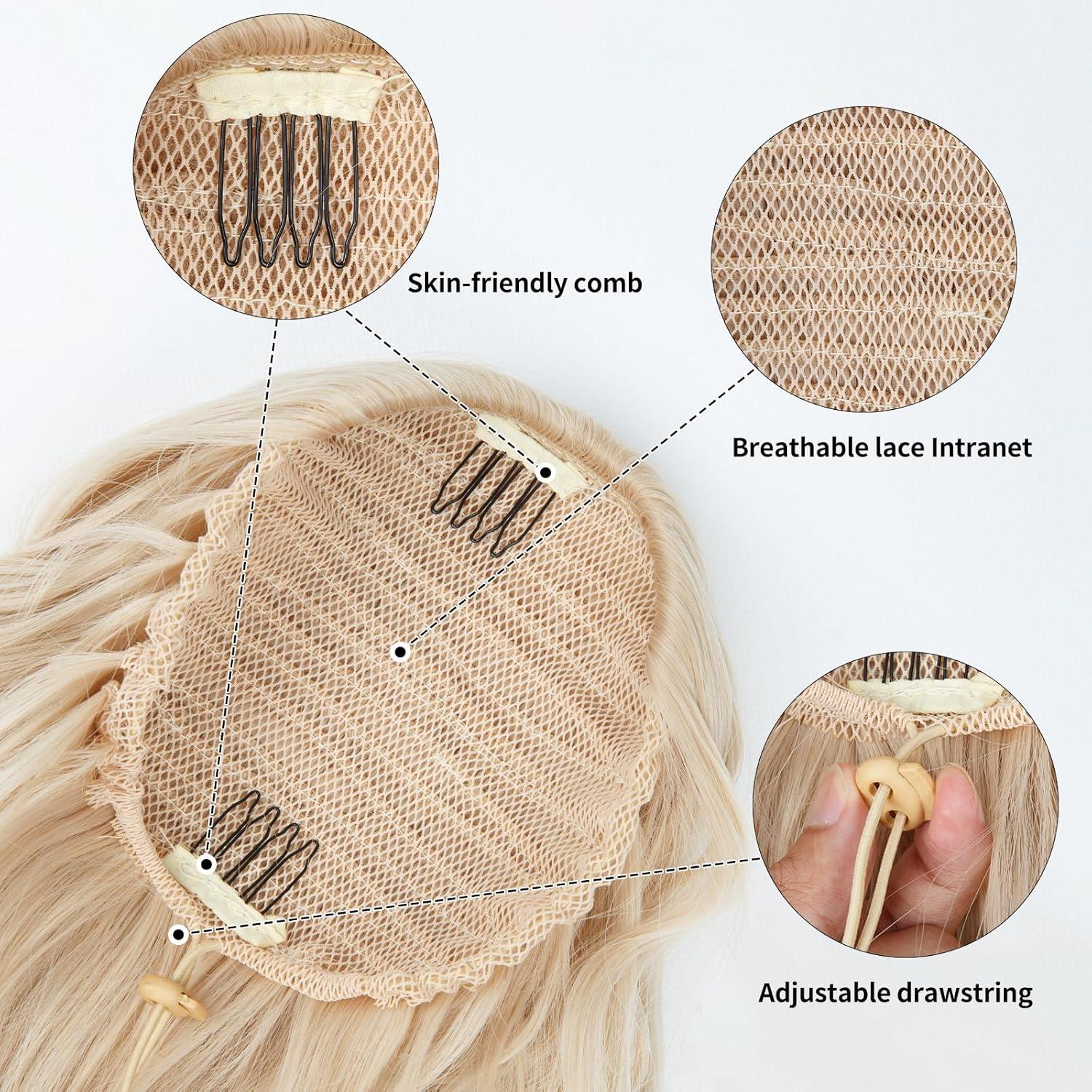 imagePonytail Extension for Women 26 inch Drawstring Ponytail Extension Wavy Pony Tails Hair Extensions Synthetic Hair Extensions Ponytail for Daily Use Deep Almond Brown with Wheat Germ BlondeAsh Blonde with White Highlights
