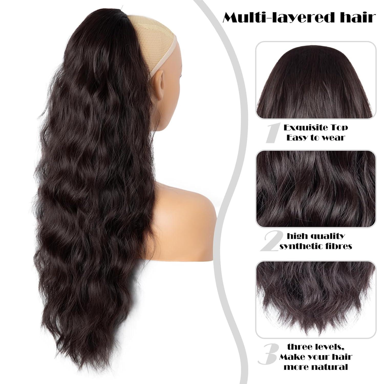 imagePonytail Extension for Women 26 inch Drawstring Ponytail Extension Wavy Pony Tails Hair Extensions Synthetic Hair Extensions Ponytail for Daily Use Deep Almond Brown with Wheat Germ BlondeDark Brown With a Slight Auburn Luster