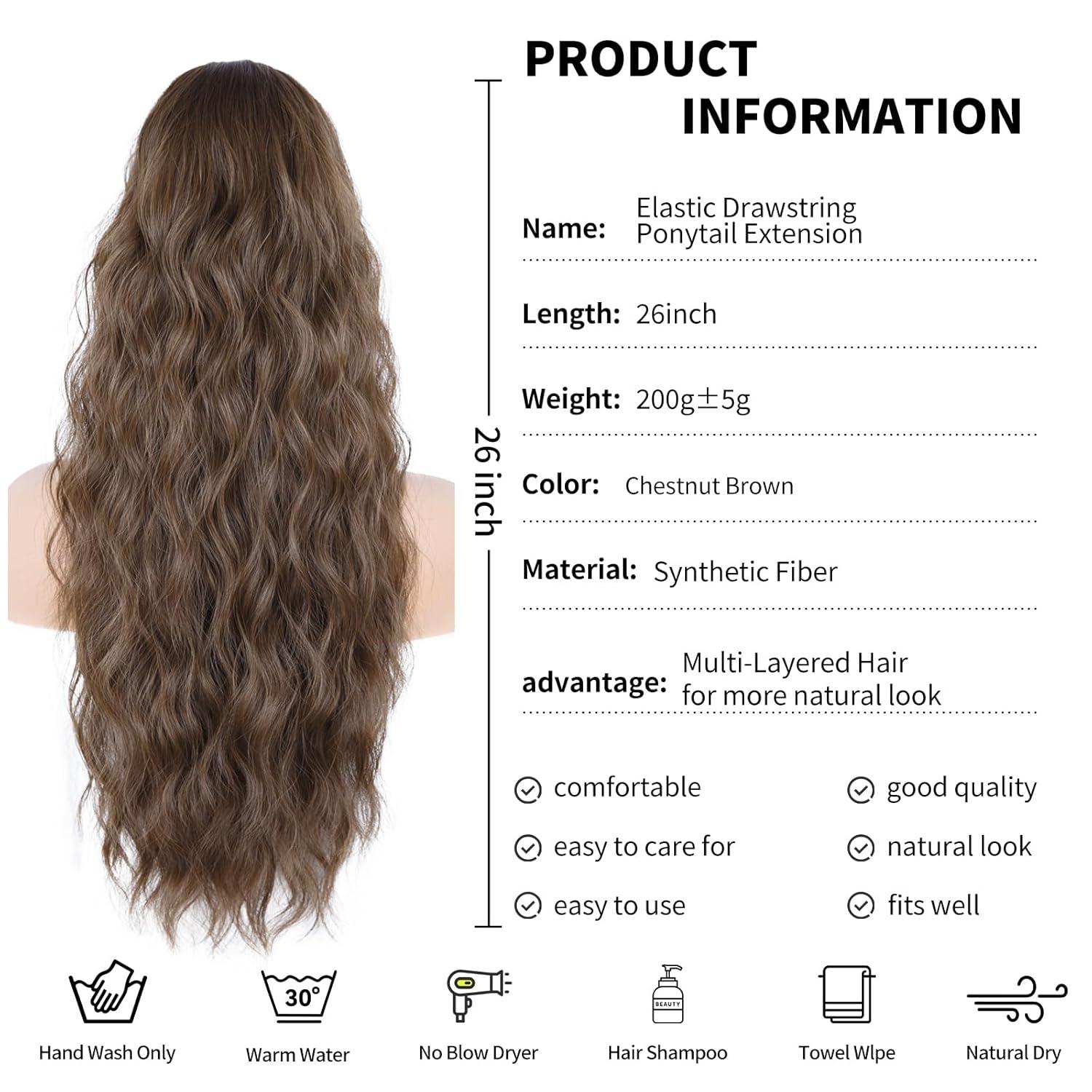 imagePonytail Extension for Women 26 inch Drawstring Ponytail Extension Wavy Pony Tails Hair Extensions Synthetic Hair Extensions Ponytail for Daily Use Deep Almond Brown with Wheat Germ BlondeMedium Brown