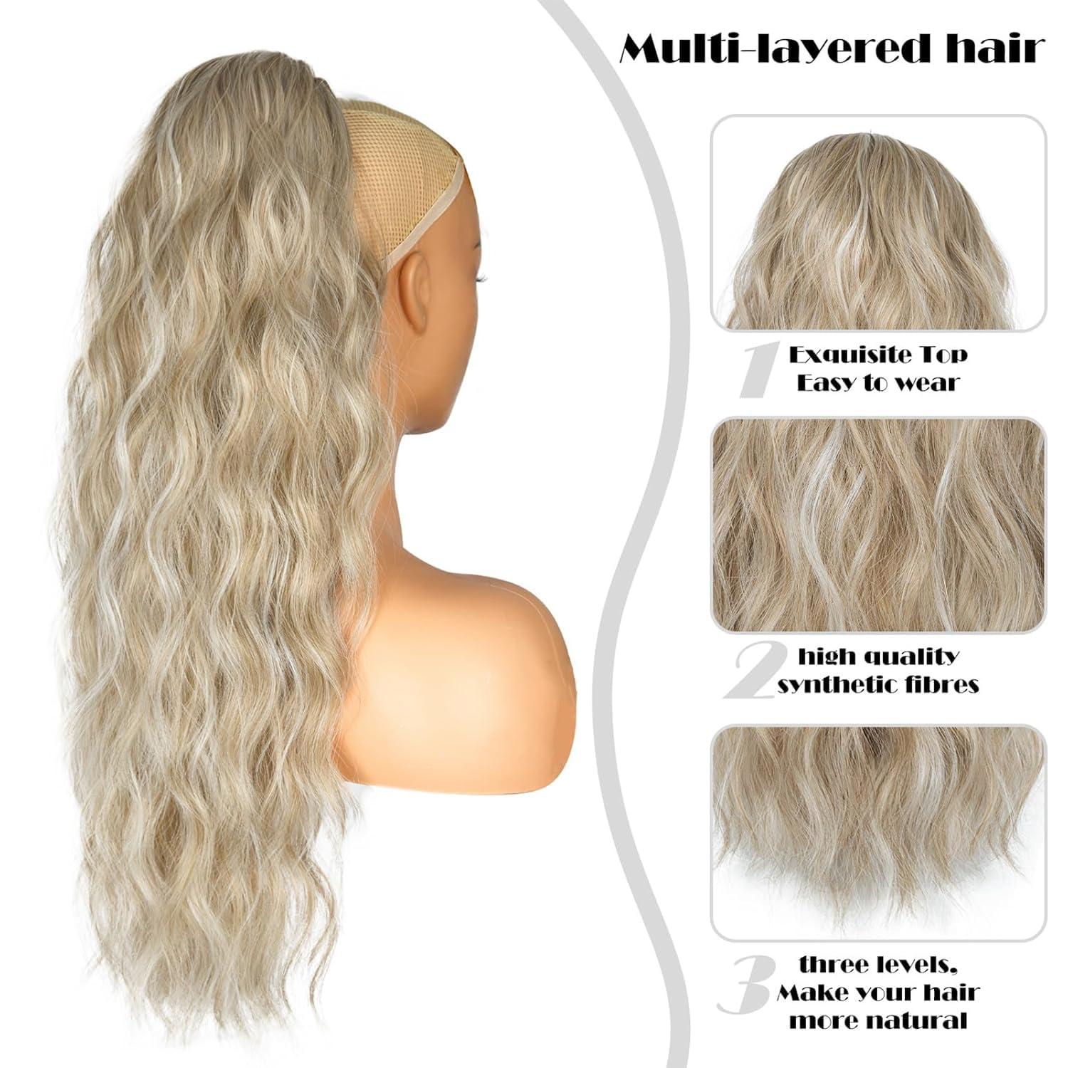 imagePonytail Extension for Women 26 inch Drawstring Ponytail Extension Wavy Pony Tails Hair Extensions Synthetic Hair Extensions Ponytail for Daily Use Deep Almond Brown with Wheat Germ BlondeAsh Blonde with White Highlights