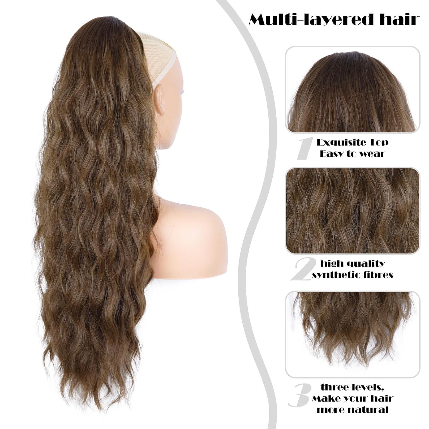 imagePonytail Extension for Women 26 inch Drawstring Ponytail Extension Wavy Pony Tails Hair Extensions Synthetic Hair Extensions Ponytail for Daily Use Deep Almond Brown with Wheat Germ BlondeMedium Brown
