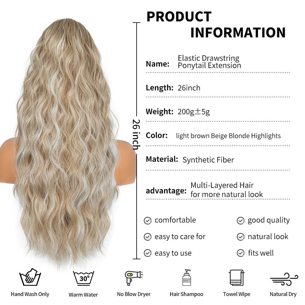 imagePonytail Extension for Women 26 inch Drawstring Ponytail Extension Wavy Pony Tails Hair Extensions Synthetic Hair Extensions Ponytail for Daily Use Deep Almond Brown with Wheat Germ BlondeAsh Blonde with White Highlights
