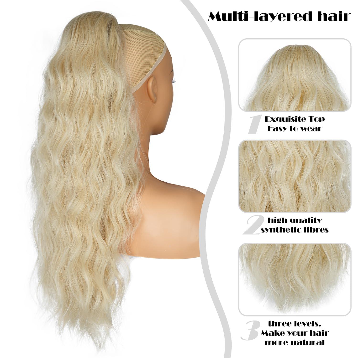 imagePonytail Extension for Women 26 inch Drawstring Ponytail Extension Wavy Pony Tails Hair Extensions Synthetic Hair Extensions Ponytail for Daily Use Deep Almond Brown with Wheat Germ BlondeBeige