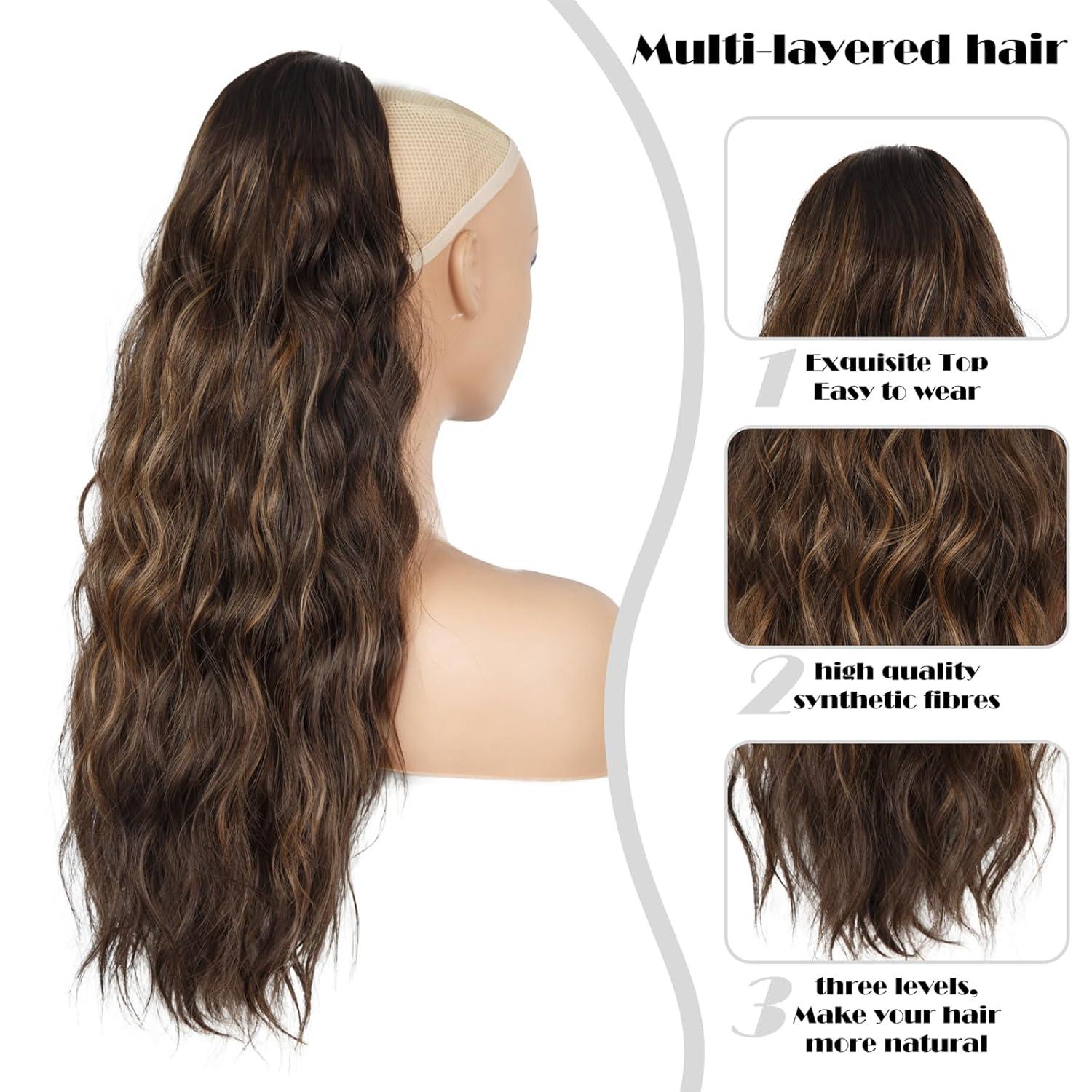 imagePonytail Extension for Women 26 inch Drawstring Ponytail Extension Wavy Pony Tails Hair Extensions Synthetic Hair Extensions Ponytail for Daily Use Deep Almond Brown with Wheat Germ BlondeBrown Mixed Honey Blonde