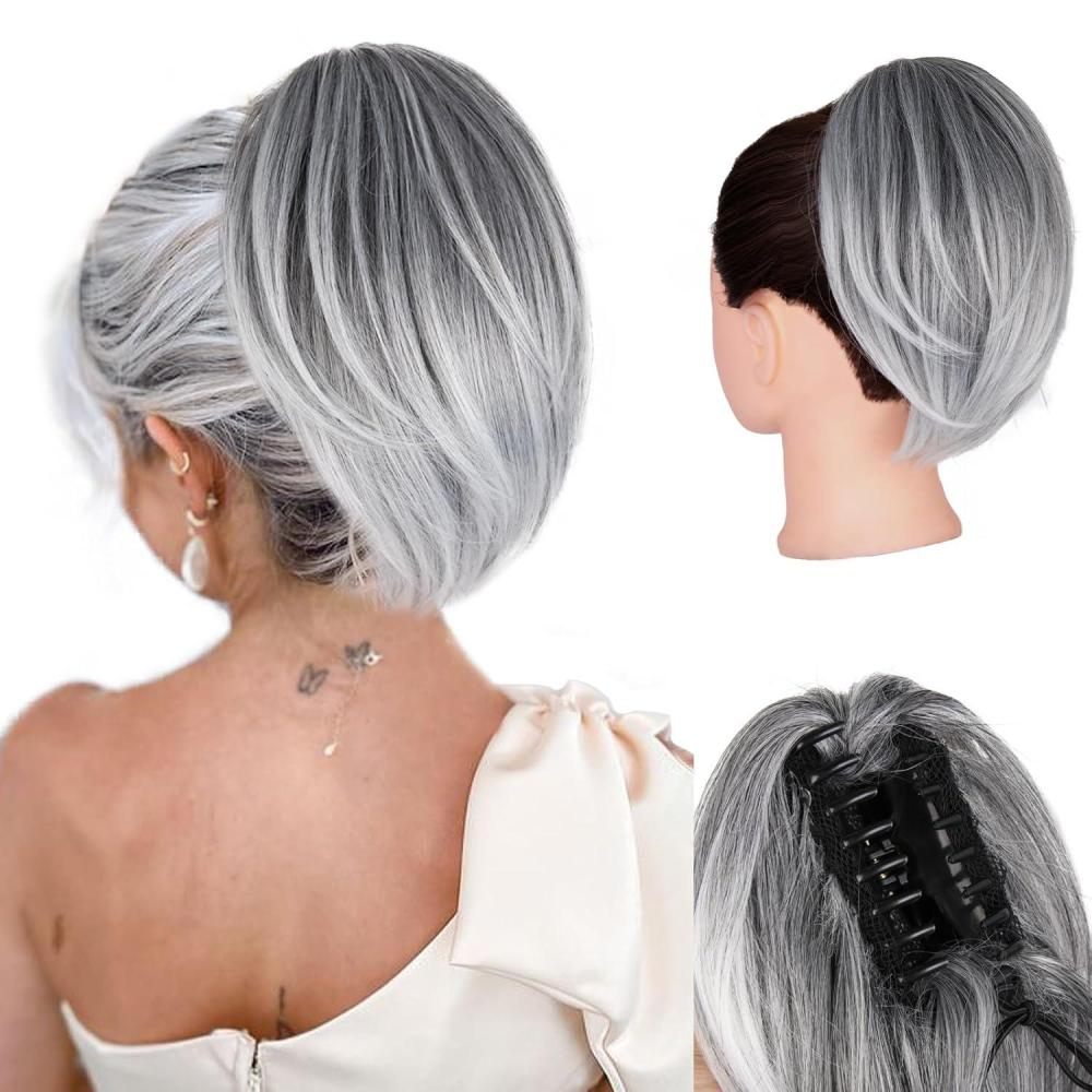 image10 Inch Short Ponytail Extension Soft Straight Pony Tails Hair Extensions Claw Clip Ponytail Extension Natural Short Hair Extensions Ponytail Synthetic Hair Pieces for Women Color Black BrownSalt and Pepper