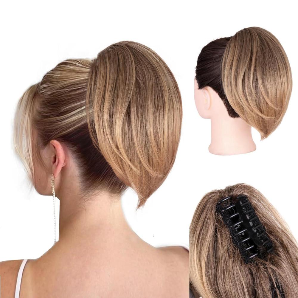image10 Inch Short Ponytail Extension Soft Straight Pony Tails Hair Extensions Claw Clip Ponytail Extension Natural Short Hair Extensions Ponytail Synthetic Hair Pieces for Women Color Black BrownLight Brown with Golden Ends