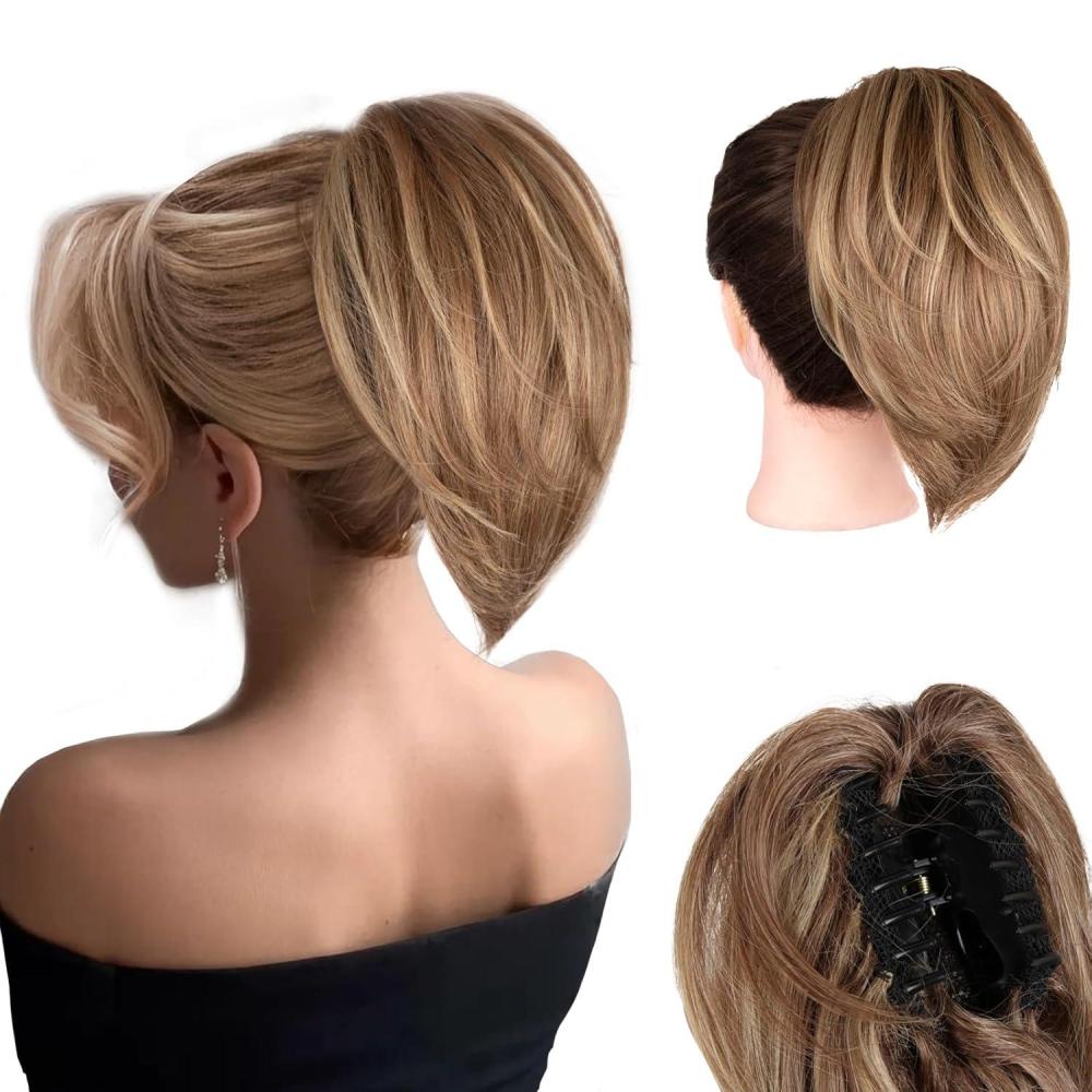 image10 Inch Short Ponytail Extension Soft Straight Pony Tails Hair Extensions Claw Clip Ponytail Extension Natural Short Hair Extensions Ponytail Synthetic Hair Pieces for Women Color Black BrownLight Brown Mixed Blonde