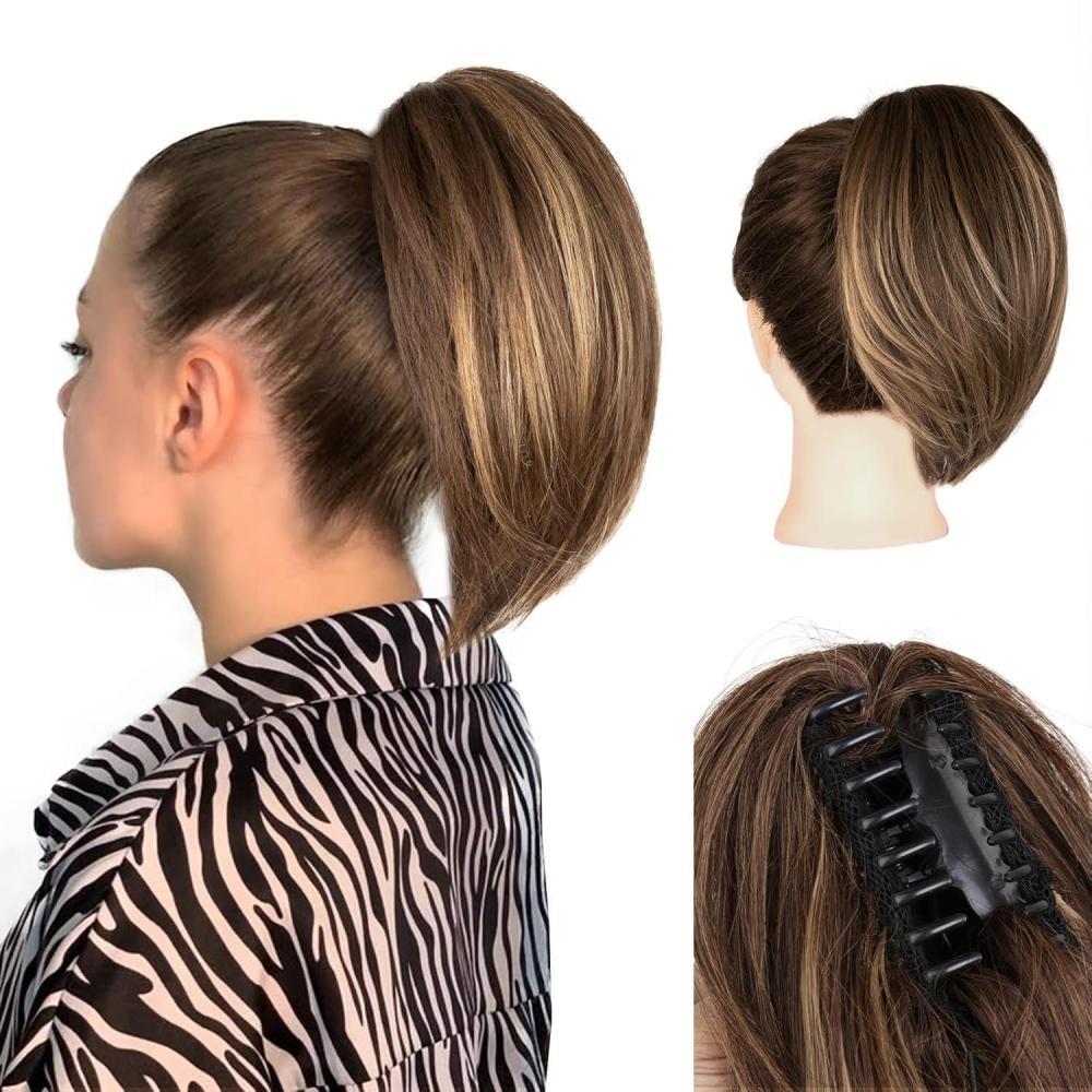 image10 Inch Short Ponytail Extension Soft Straight Pony Tails Hair Extensions Claw Clip Ponytail Extension Natural Short Hair Extensions Ponytail Synthetic Hair Pieces for Women Color Black BrownChestnut Brown With Golden Highlights