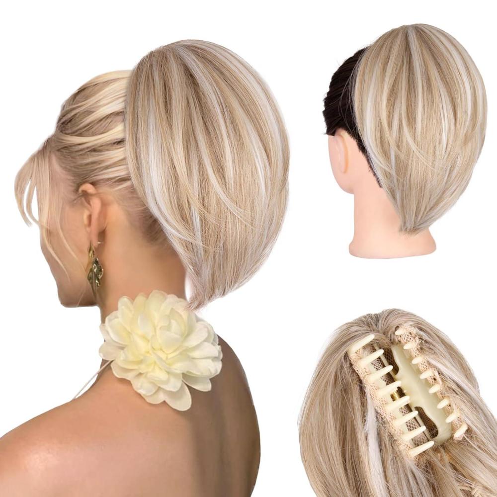 image10 Inch Short Ponytail Extension Soft Straight Pony Tails Hair Extensions Claw Clip Ponytail Extension Natural Short Hair Extensions Ponytail Synthetic Hair Pieces for Women Color Black BrownAsh Blonde with White Highlights