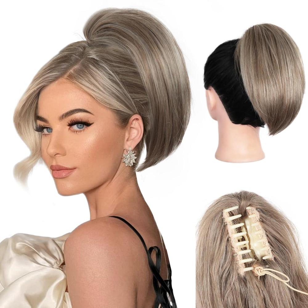 image10 Inch Short Ponytail Extension Soft Straight Pony Tails Hair Extensions Claw Clip Ponytail Extension Natural Short Hair Extensions Ponytail Synthetic Hair Pieces for Women Color Black BrownLight Ash Brown Mixed White