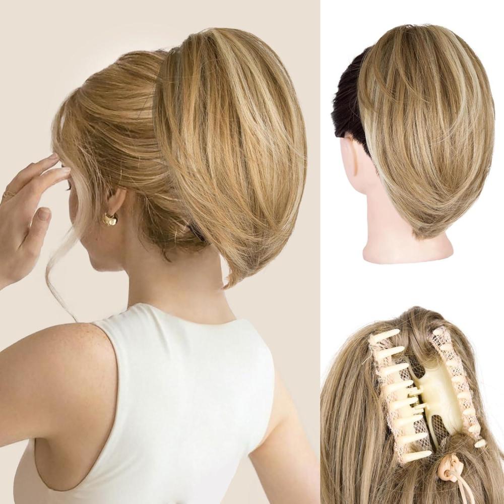 image10 Inch Short Ponytail Extension Soft Straight Pony Tails Hair Extensions Claw Clip Ponytail Extension Natural Short Hair Extensions Ponytail Synthetic Hair Pieces for Women Color Black BrownDark Blonde with Beige Blonde Highlights