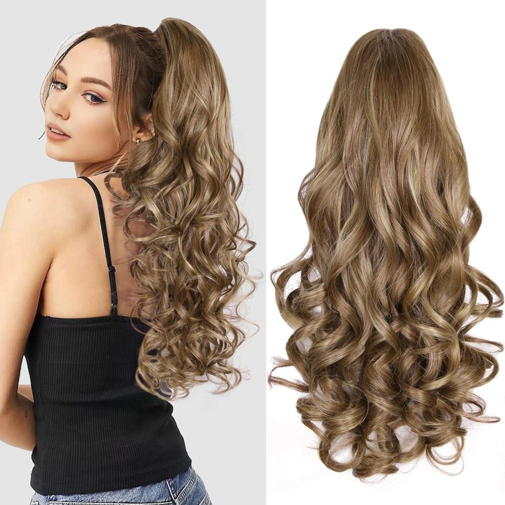 image24 Inch Blonde Ponytail Extension Clip on Ponytails for Women Long Curly Ponytail Extensions for Women Synthetic Layered Pony Tails Hair Extensions Color Dark Blonde With Beige Blonde HighlightsLight Brown With Dark Blonde Highlights