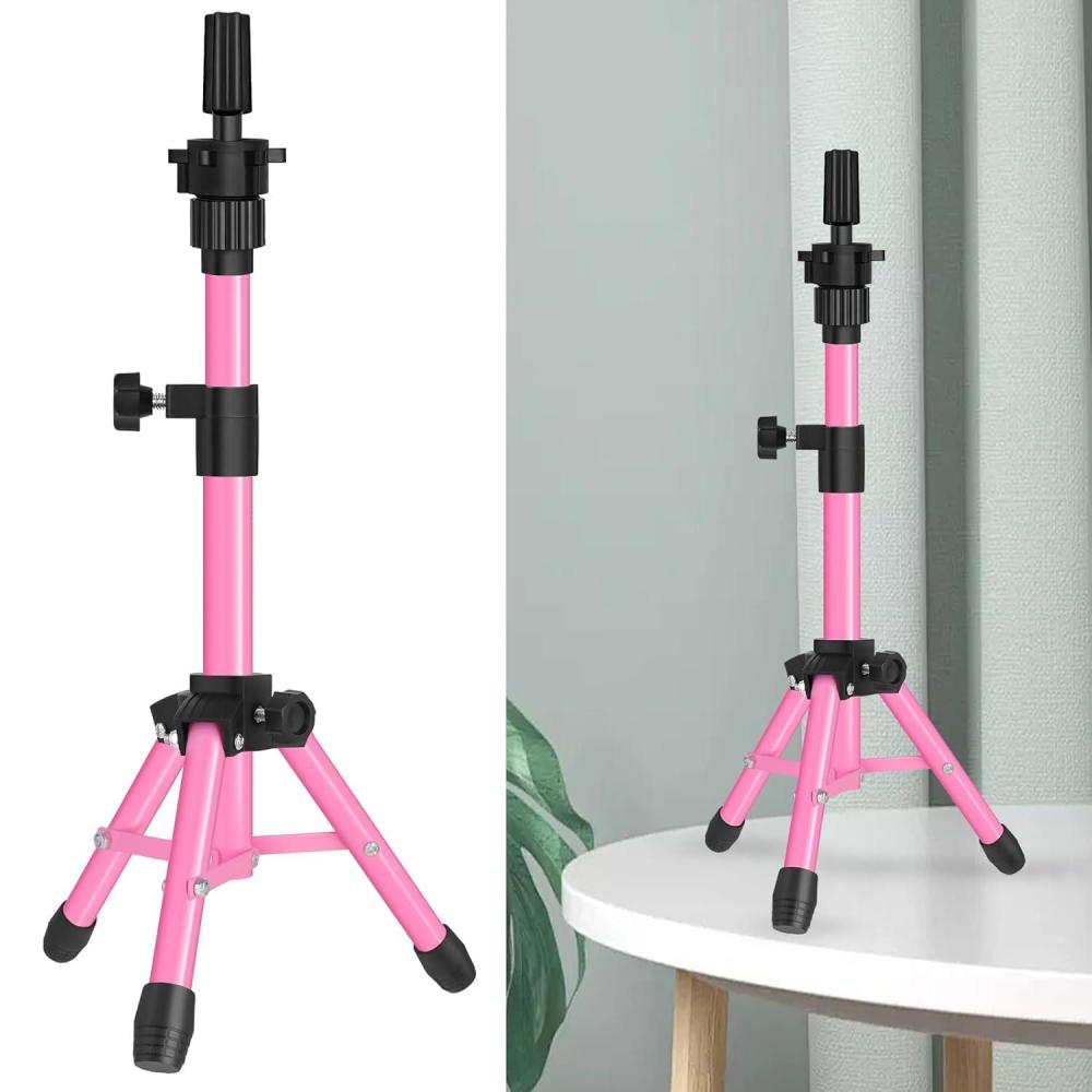 image25 Inch Wig Stand Tripod Adjustable Mannequin Head Stand Wig Head Stand for Training Heads And Canvas Block Head Pink Mannequin Head Not IncludedPink