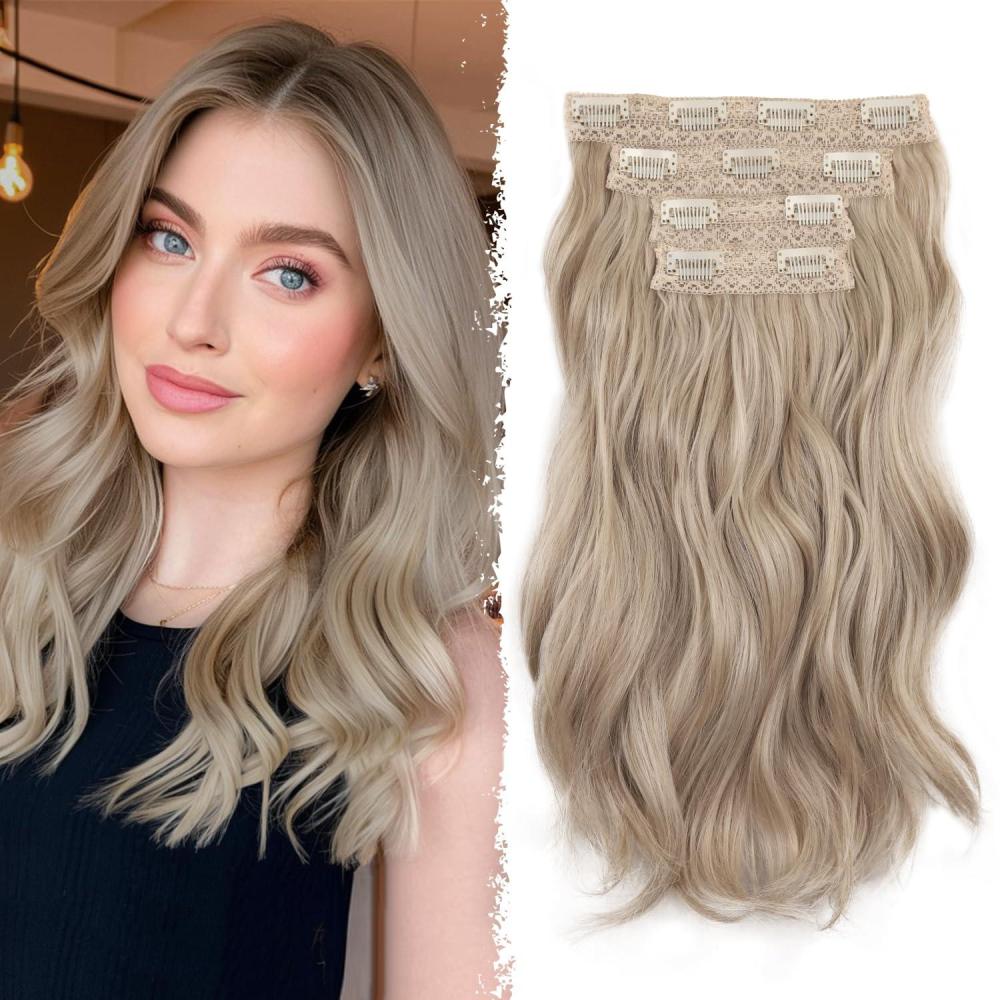 imageBlonde Clip in Hair Extensions 14 Inch Wavy Synthetic Hair Extensions Clip ins Color Dark Blonde with Bleach Blonde HighlightsAsh Blonde Mix Beige Blonde