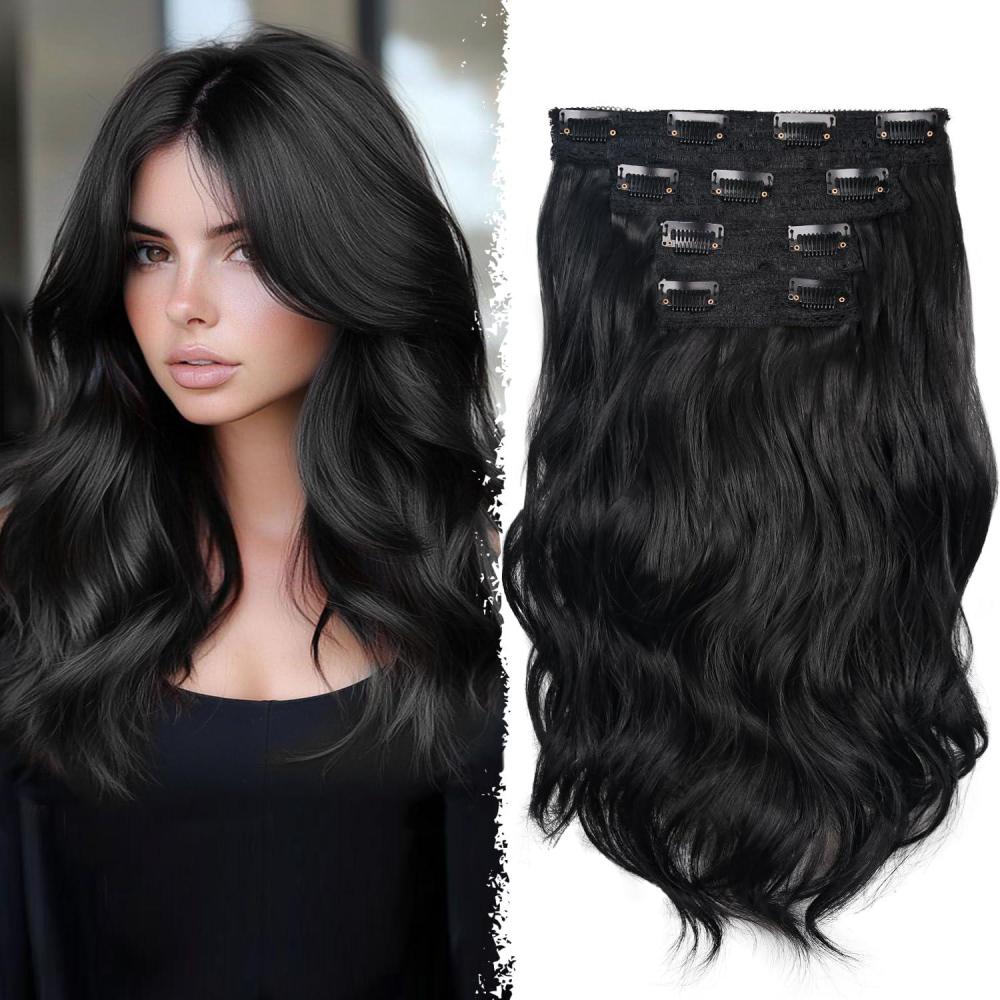 imageBlonde Clip in Hair Extensions 14 Inch Wavy Synthetic Hair Extensions Clip ins Color Dark Blonde with Bleach Blonde HighlightsBlack